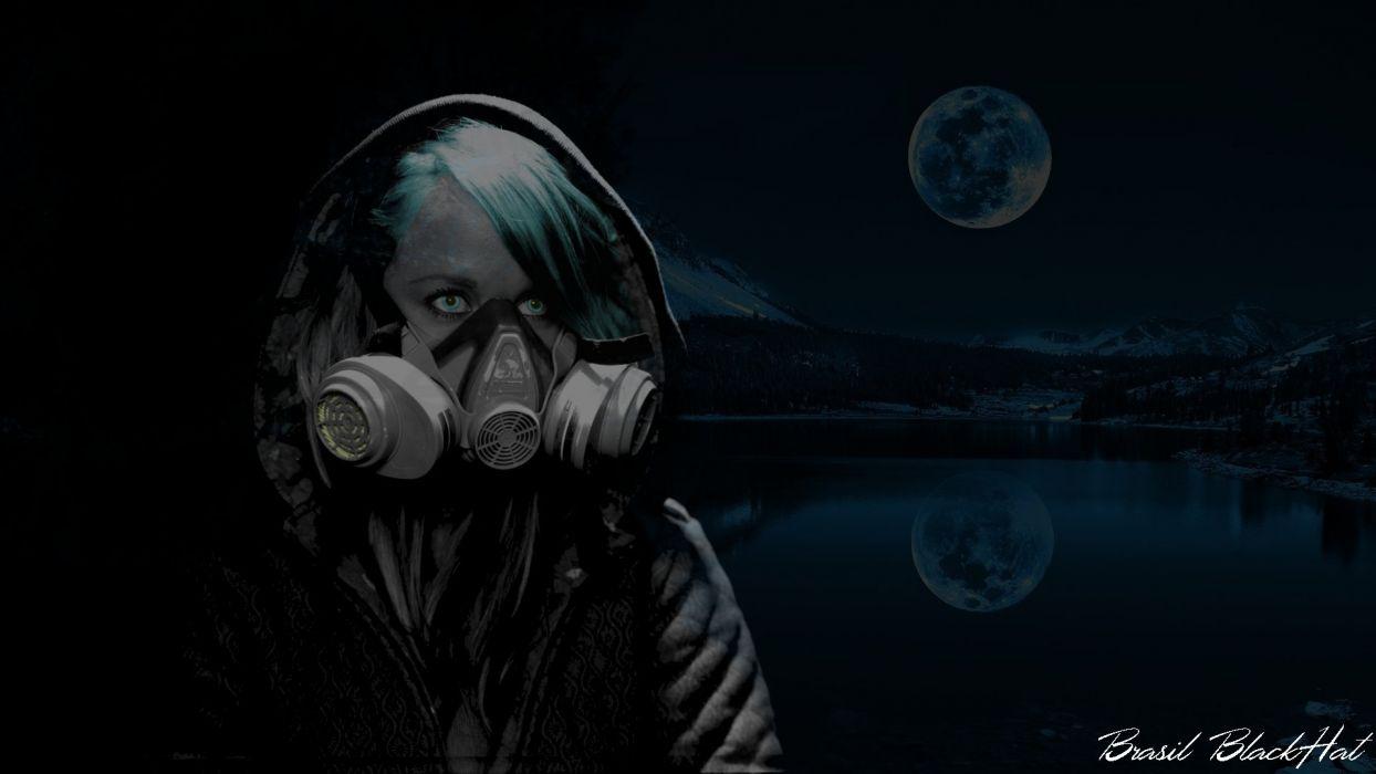 Girl mask gas war moon lake obscure anonymous dark woman danger