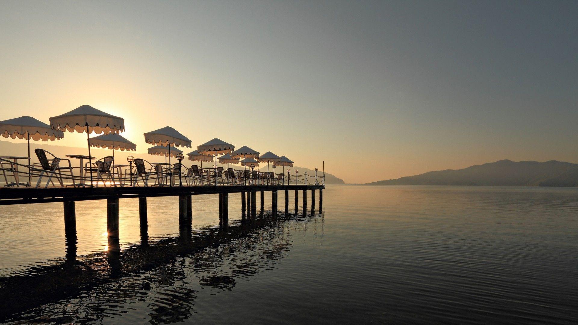 Lakes: Umbrellas Pier Turkish Lake Resort Turkey Sea Tables