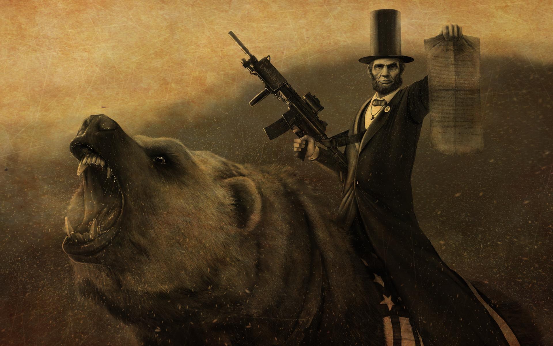 Only Baberaham Lincoln could ride a bear.with a flag saddle
