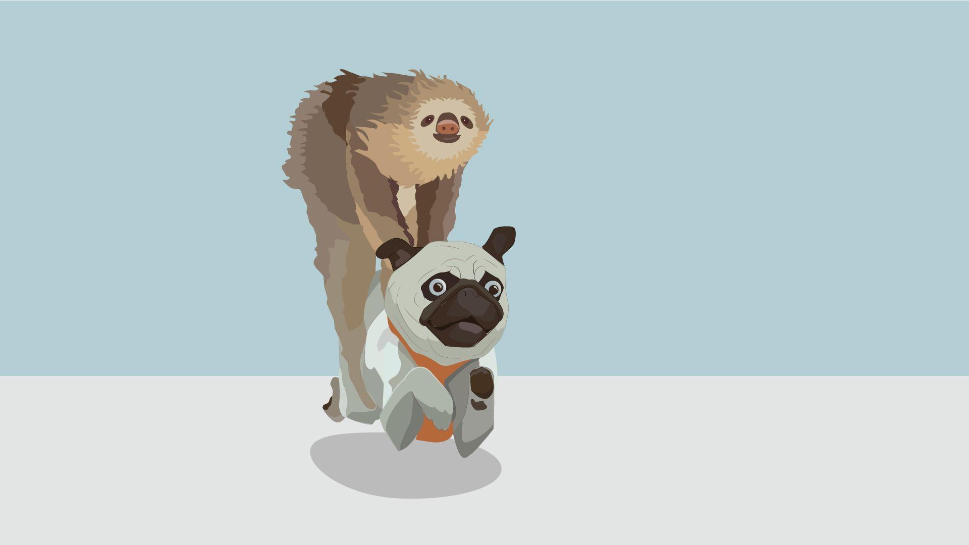 Sloth riding a pug [1920x1080]