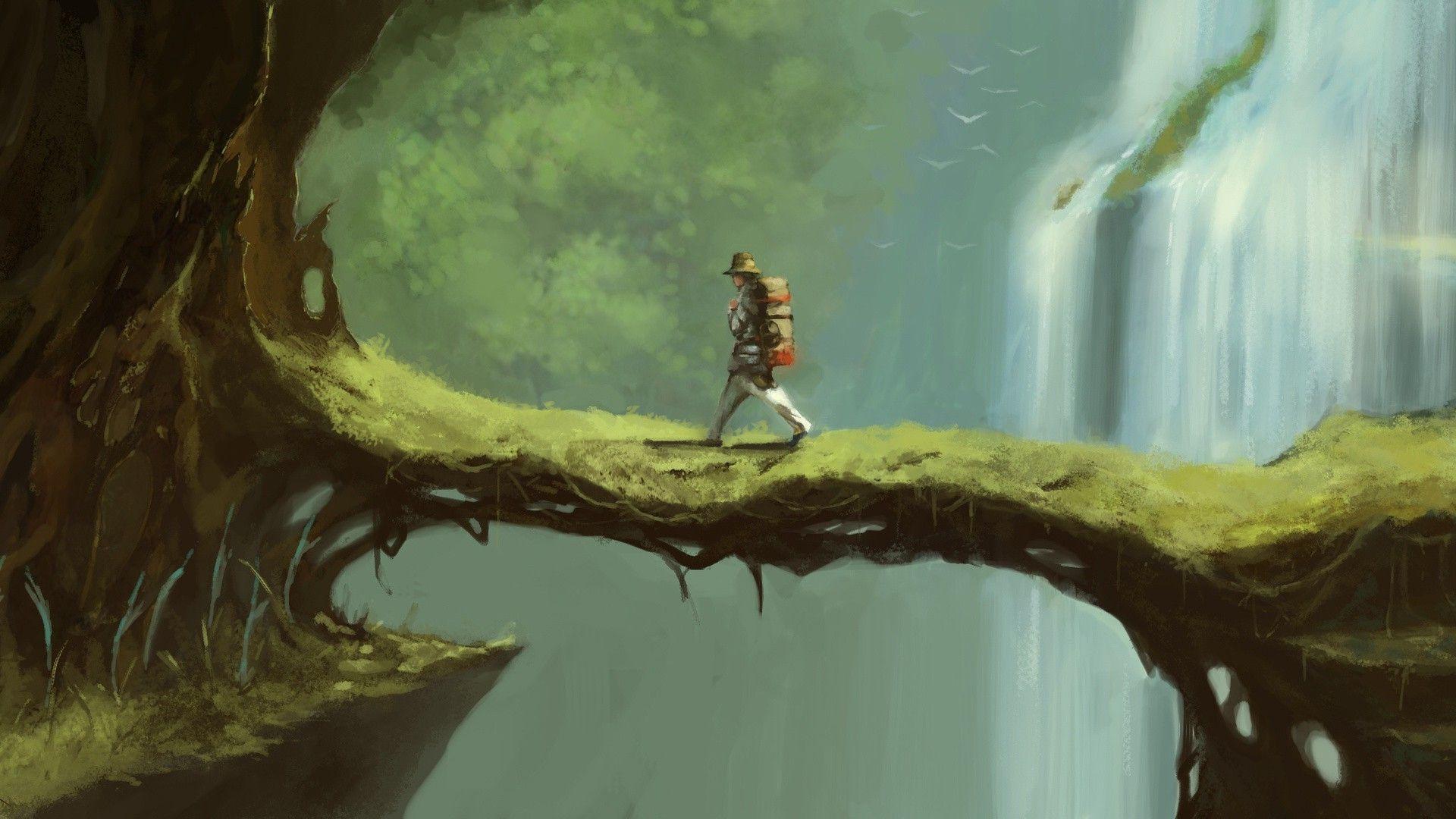 fantasy Art, Trekking, Nature, Waterfall, Trees Wallpaper HD