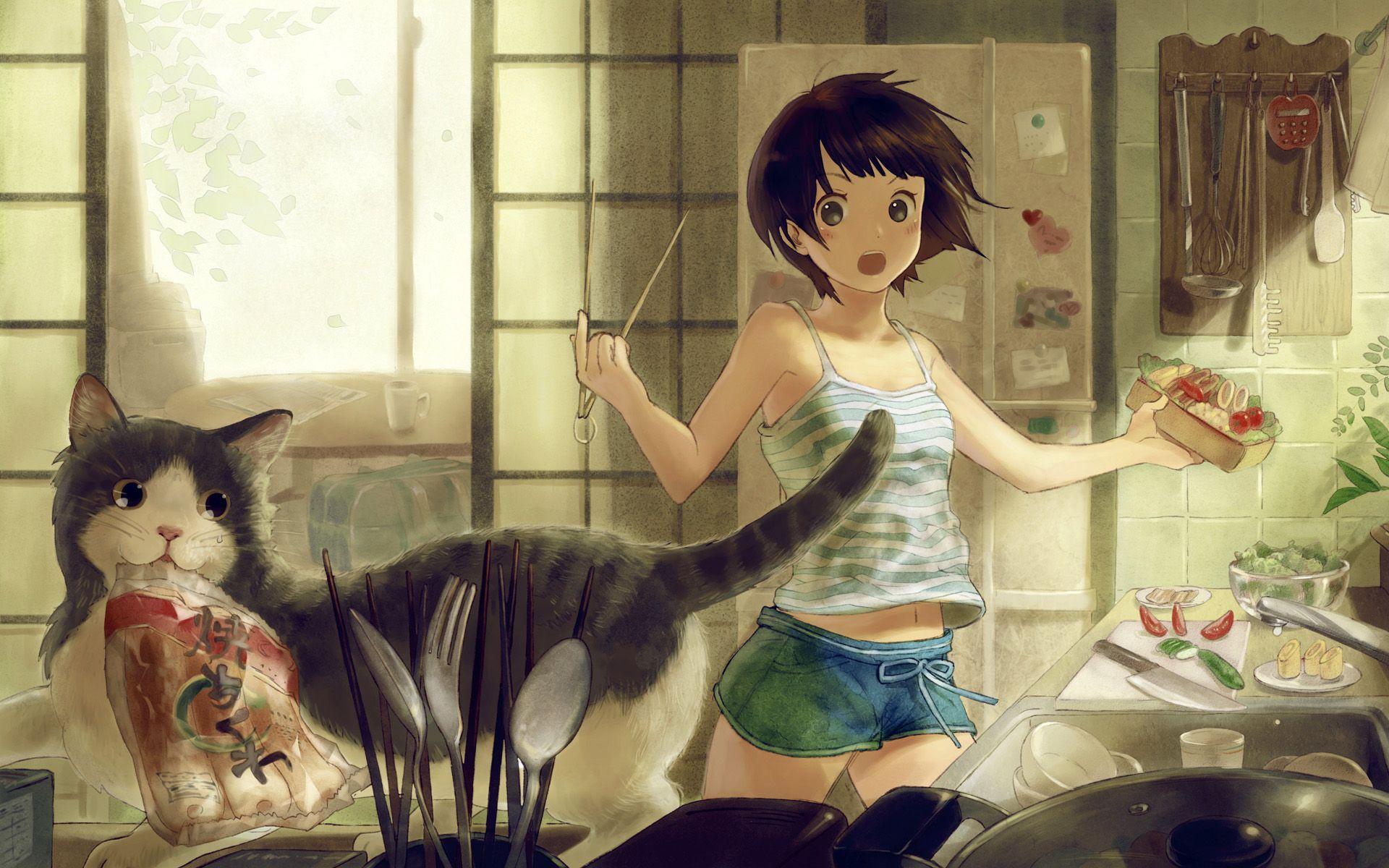 Anime Ramen and Cat in the Kitchen widescreen wallpaper. Wide