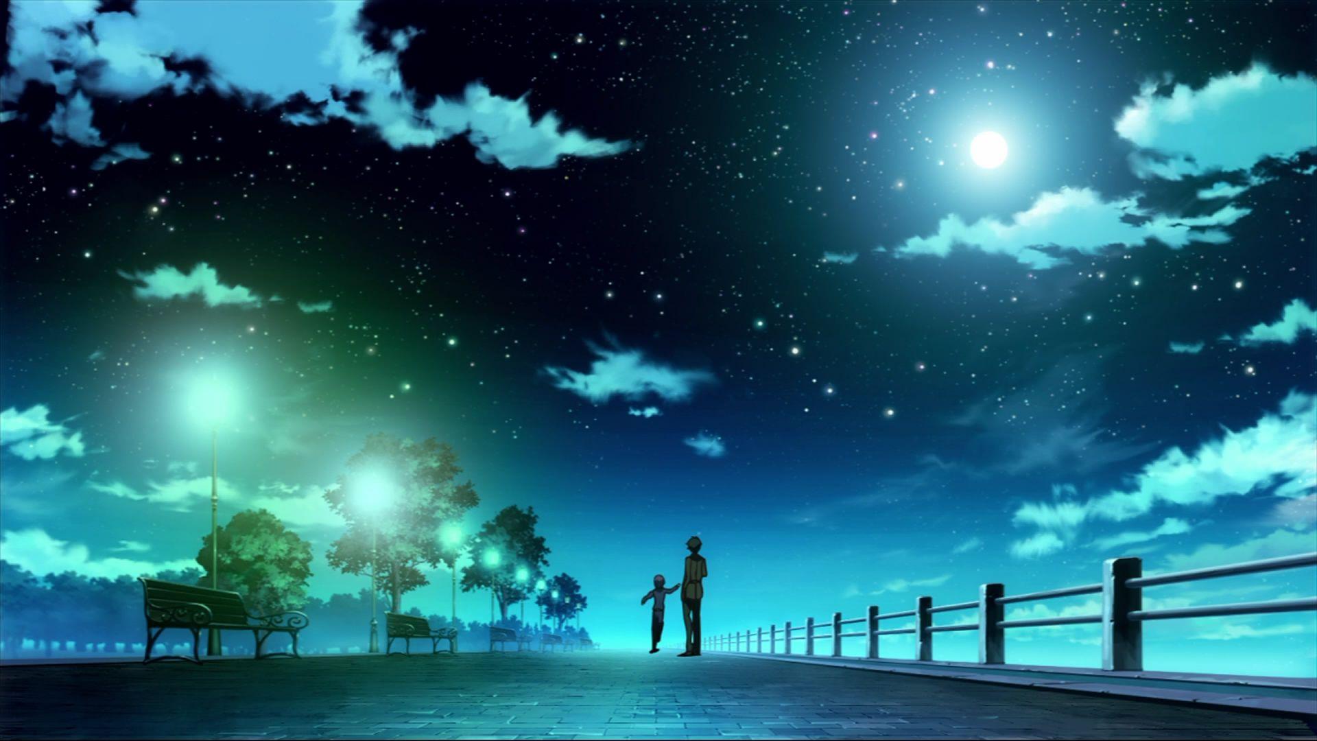 anime, #sky, #trees, #Moon, #stars, #clouds, #pier, #forest