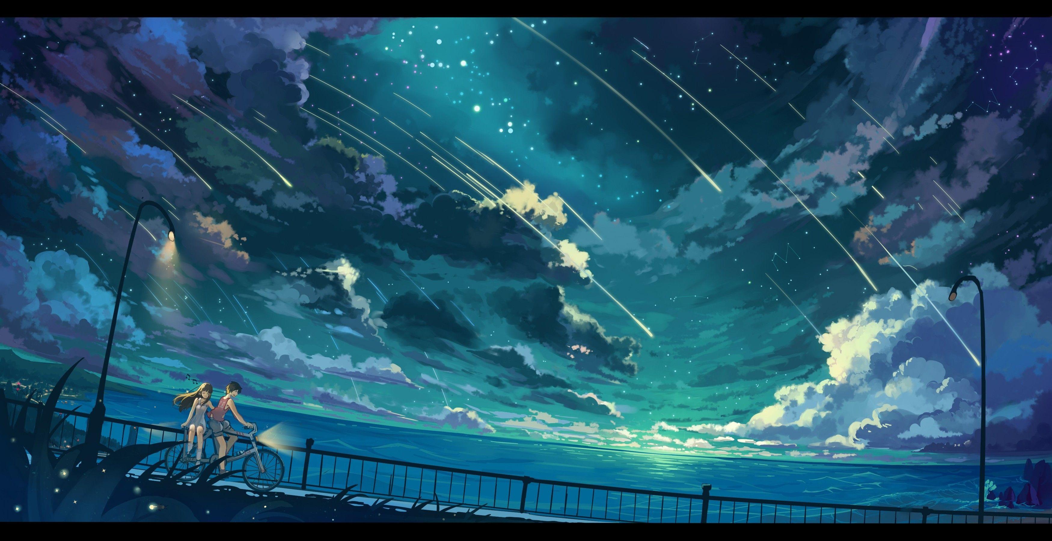Wallpaper, anime girls, bicycle, sky, clouds, underwater, atmosphere, universe, ghost ship, screenshot, computer wallpaper, special effects, outer space, 3500x1800 px 3500x1800