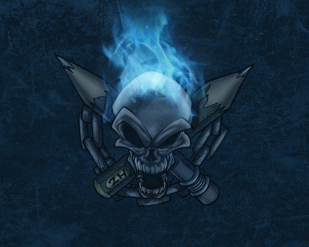 Dark Skull Dark Pencil Blue Flame Chain Wallpaper. Bilder