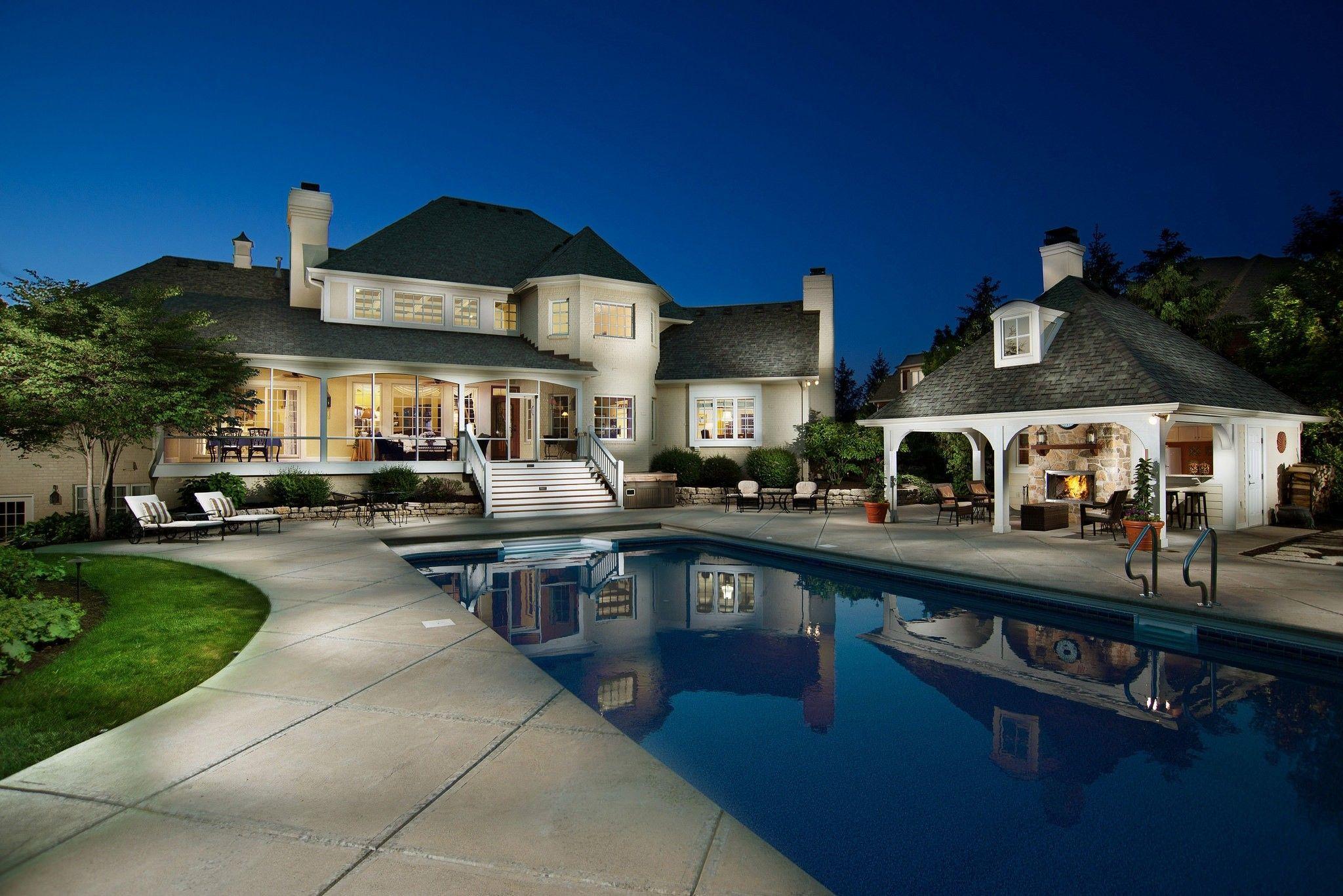Houses: Luxury House Home Pool Night Beautiful Wallpapers Wide for