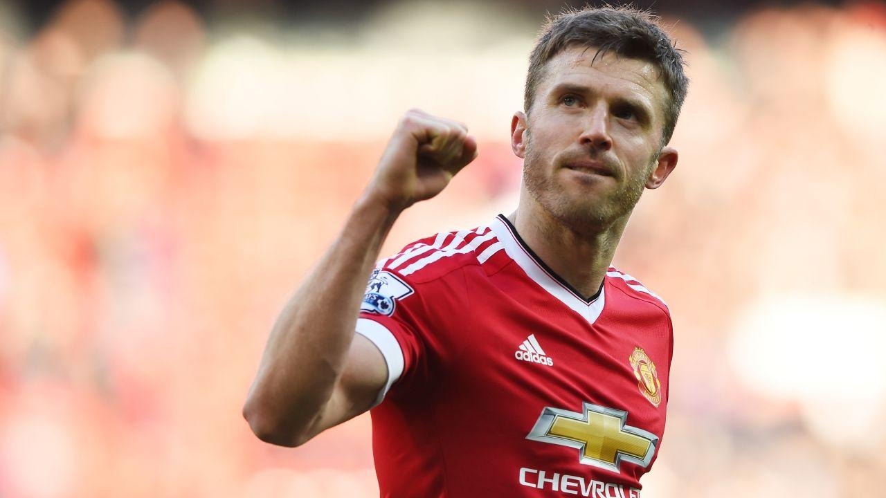 Michael Carrick reacts to the derby win over Manchester City