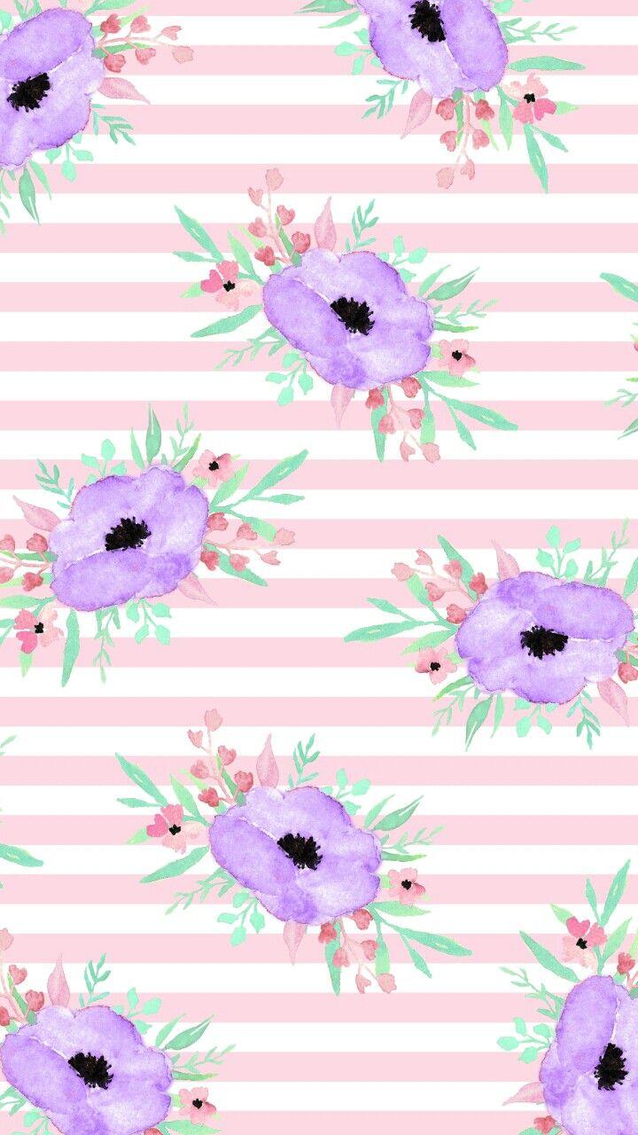 Fondo rayado rosa y blanco con flores lilas. Wallpaper