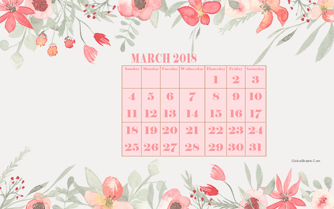 March 2018 Calendar Cute Printable