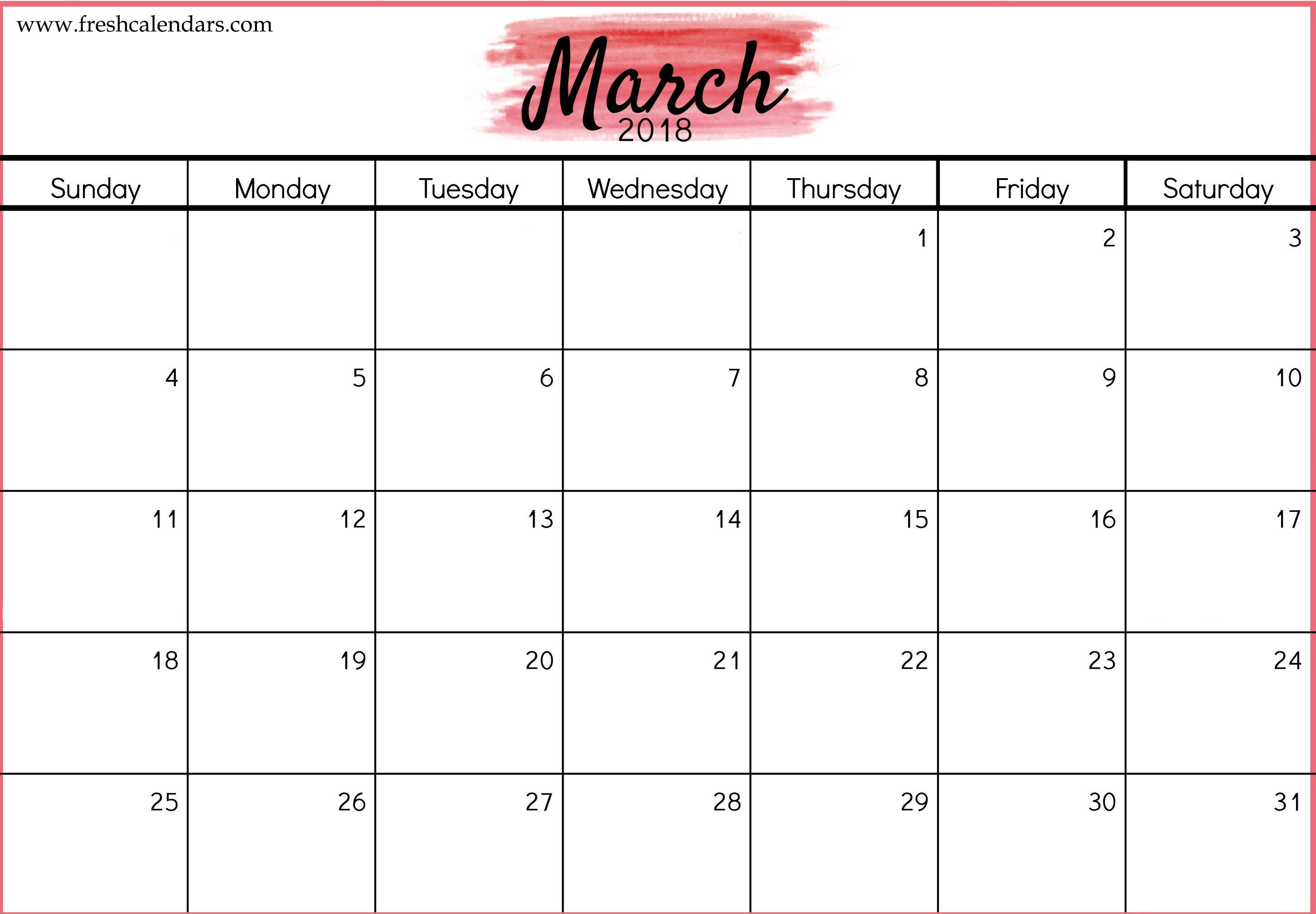 Blank Printable March 2018 Calendar Free