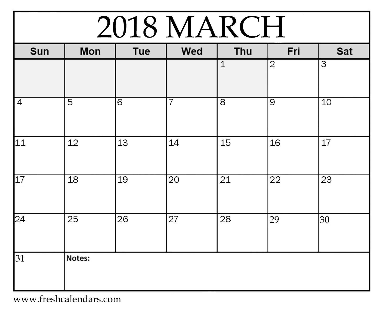 Blank Printable March 2018 Calendar Online