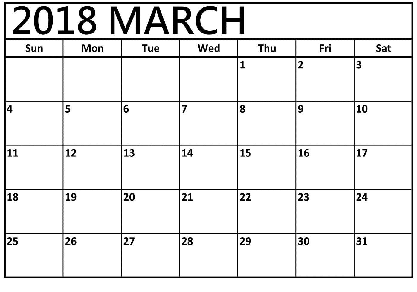Blank March 2018 Calendar