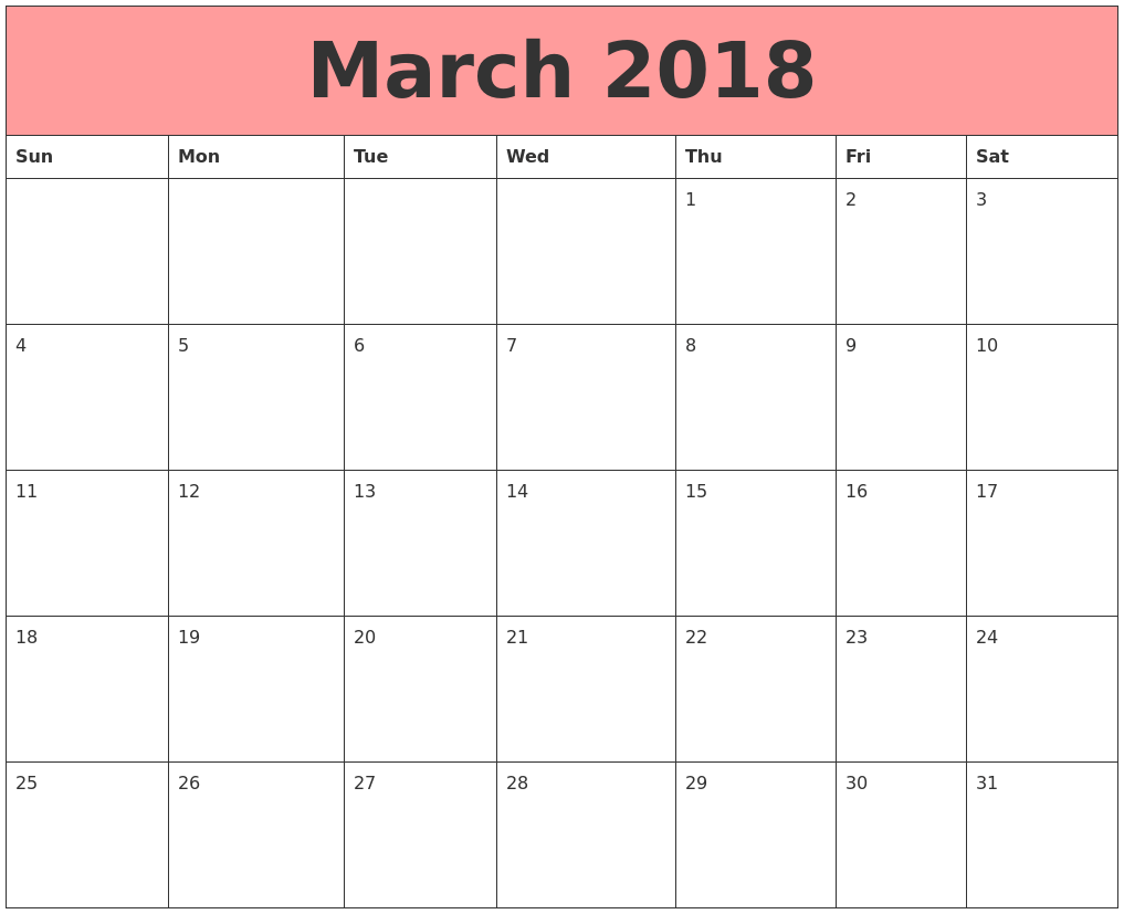 March 2018 Calendar Word
