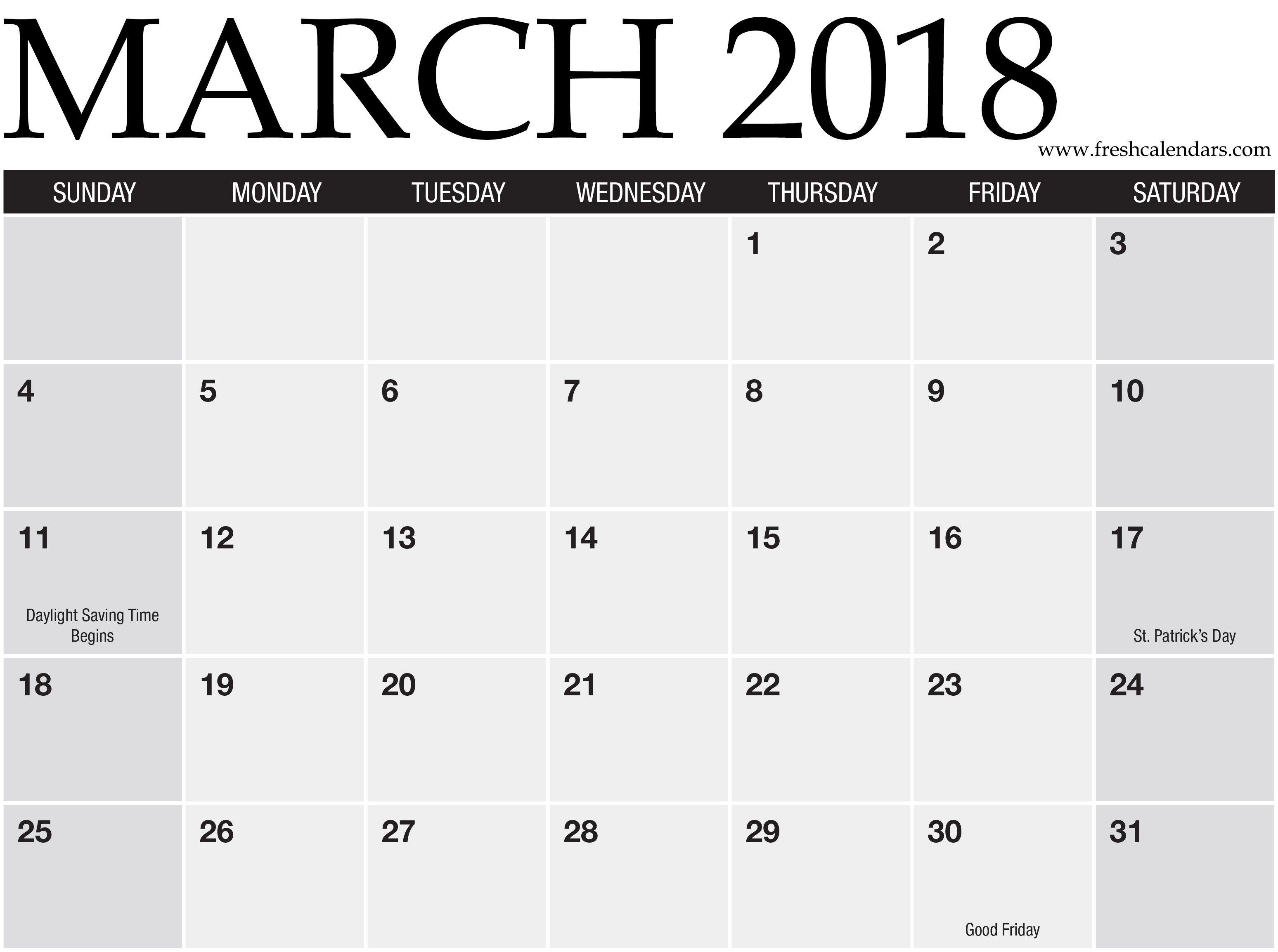 Blank Printable March 2018 Calendar Free