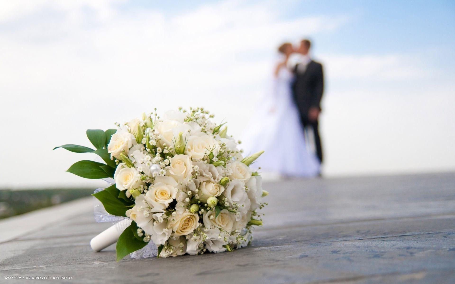 wedding white roses bouquet groom bride kiss HD widescreen