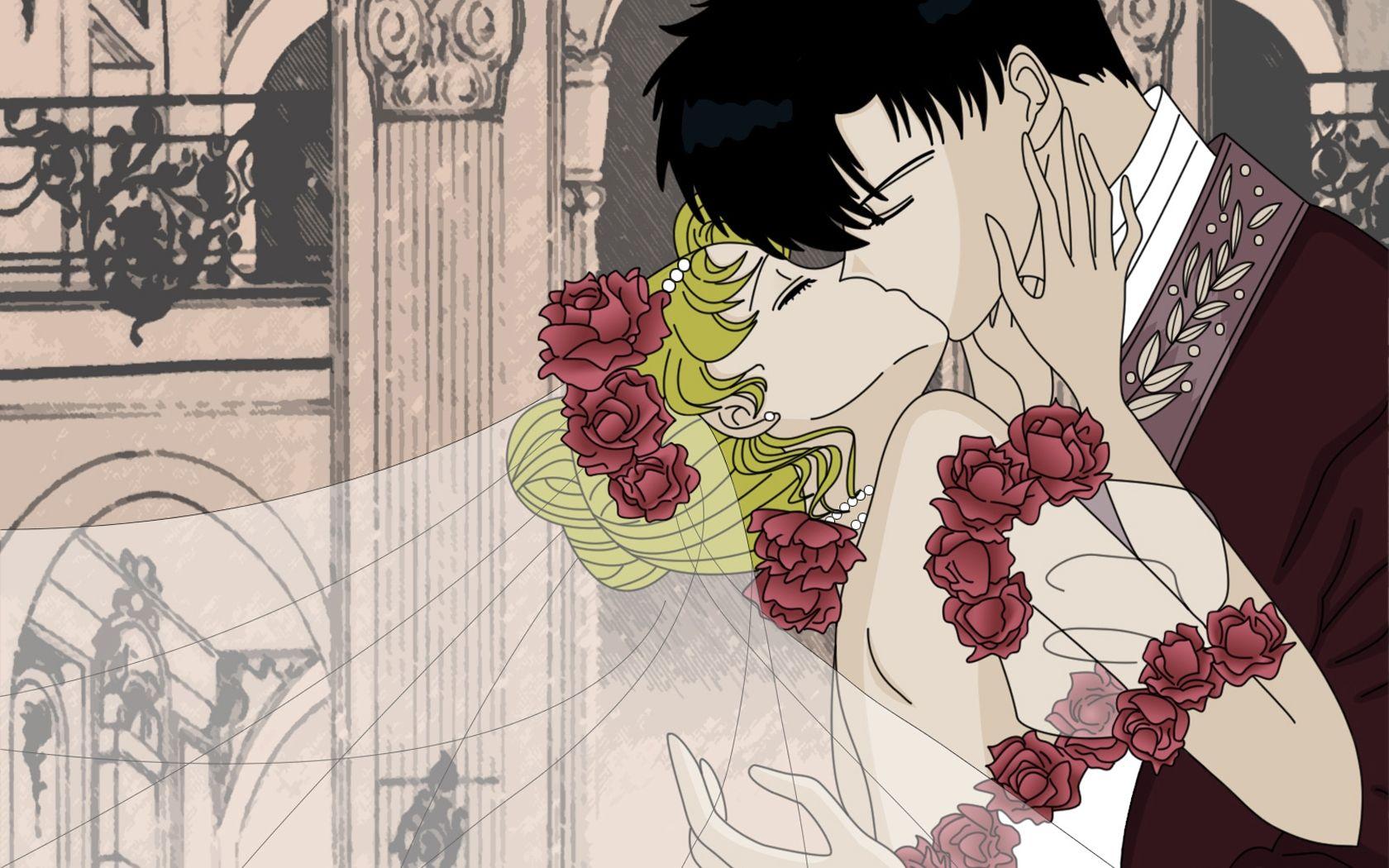 Download Wallpaper 1680x1050 Groom, Bride, Kiss, Veil, Flowers