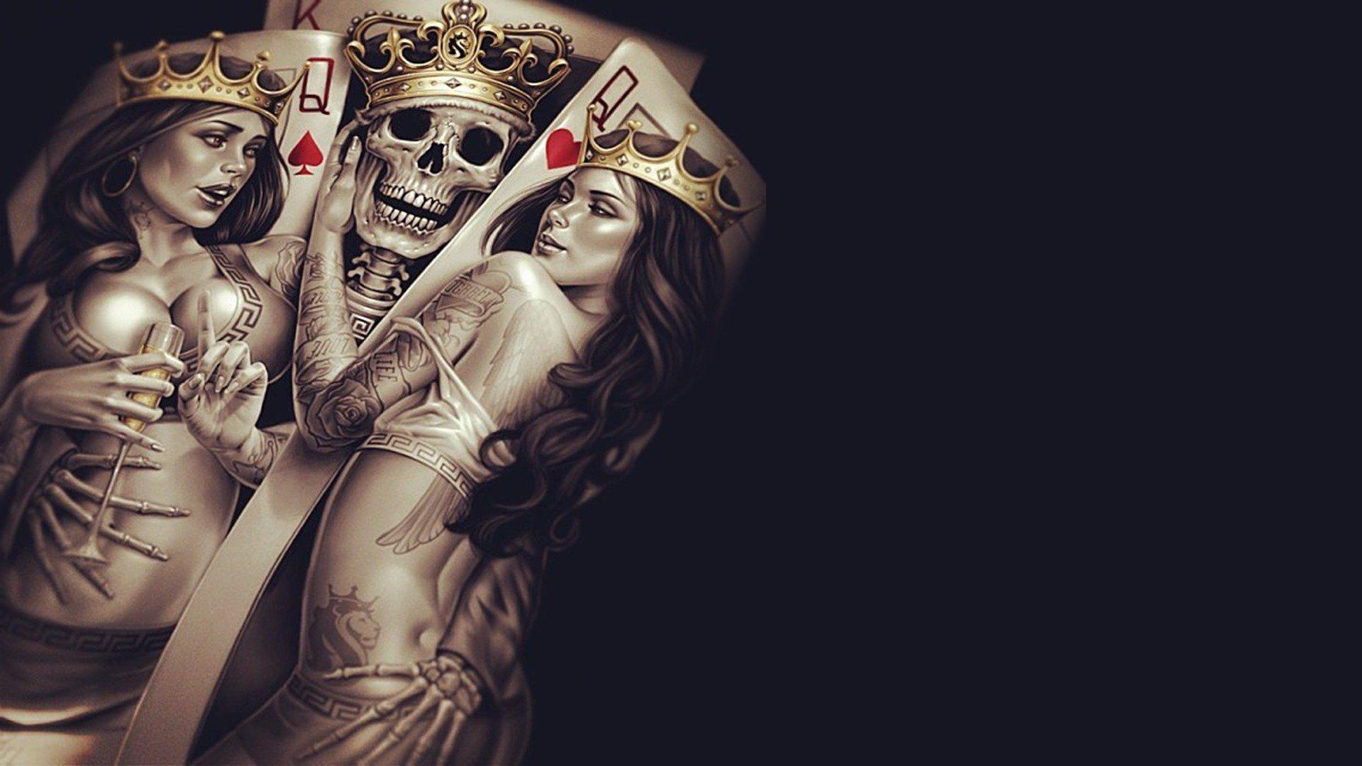 king queen crown poker tattoos skull bones skeleton cup seduction