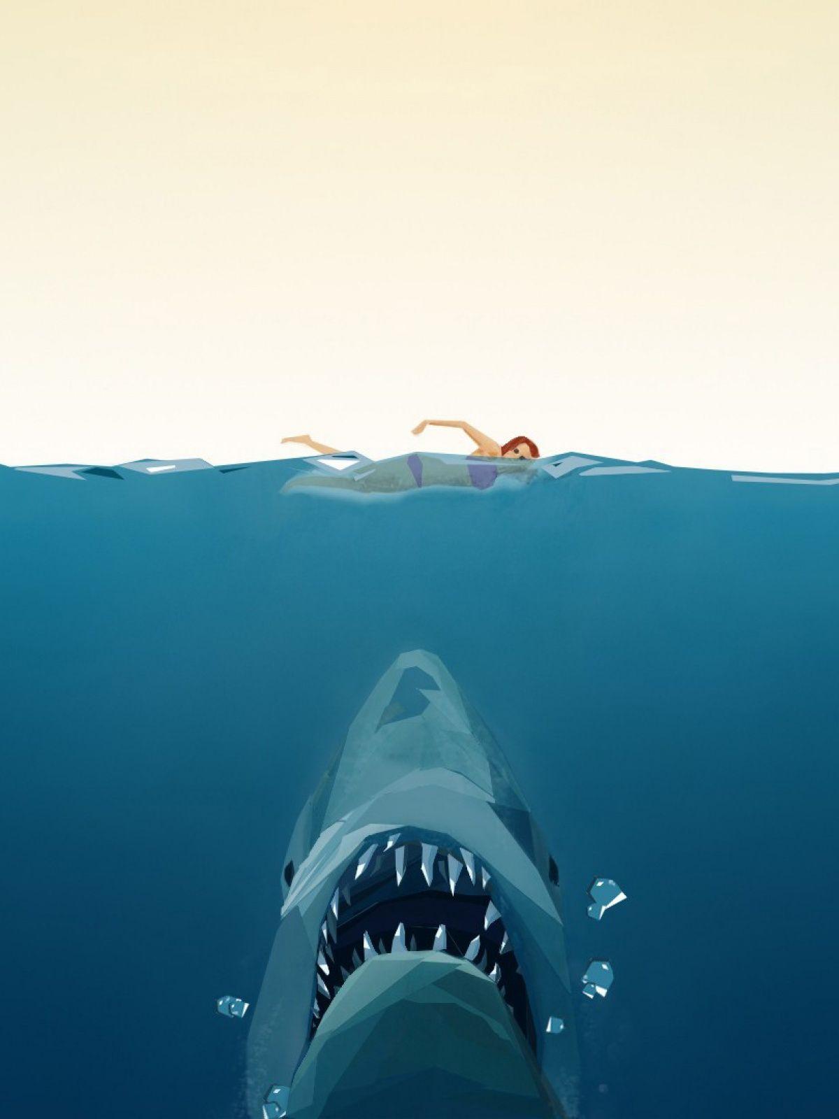 Shark Attack Swimmer Cartoon Android Wallpaper free download