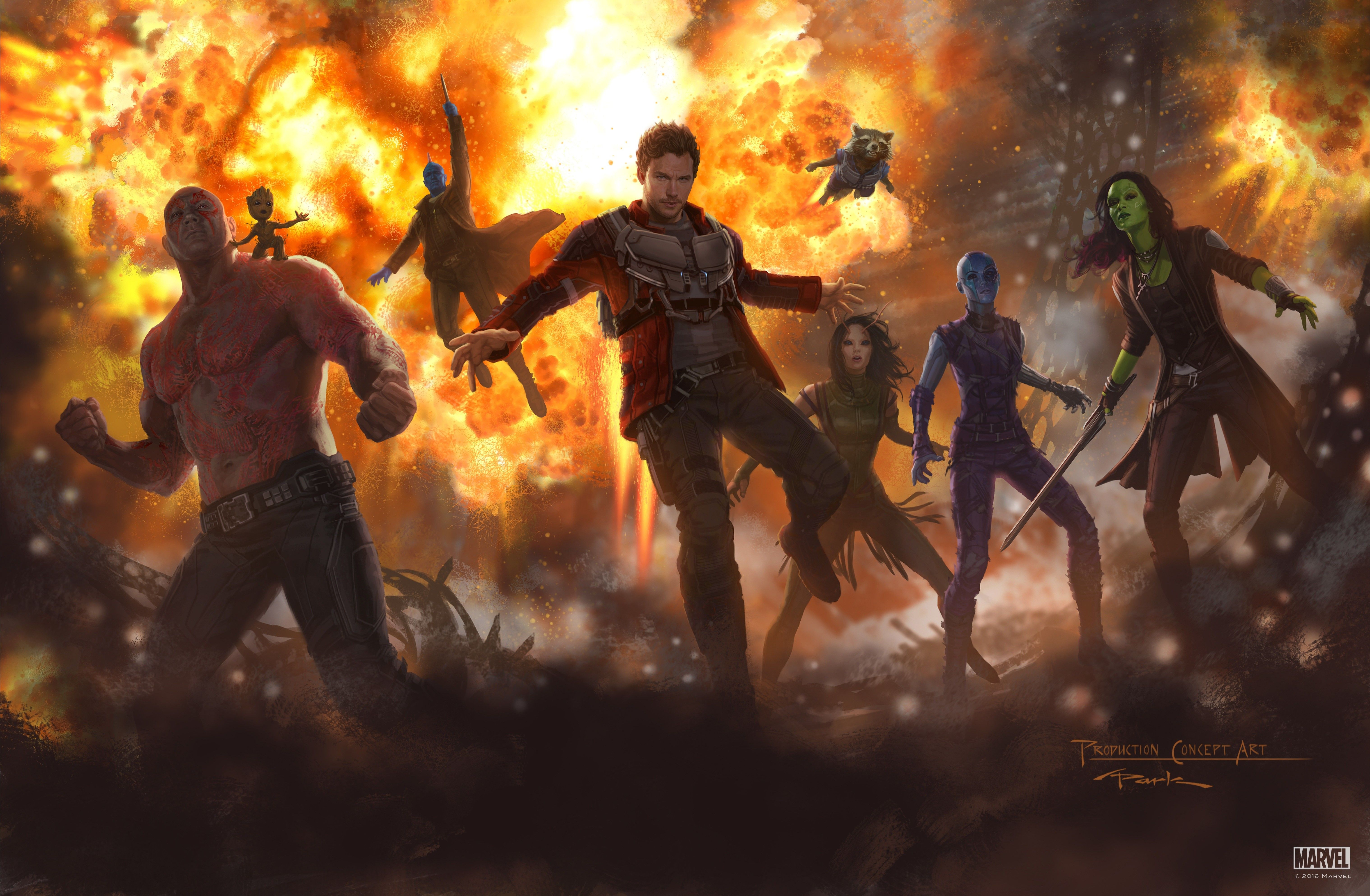 Wallpaper, Andy Park, Guardians of the Galaxy Vol artwork, Gamora, Drax the Destroyer, nebula, Star Lord, Rocket Raccoon, mantis, Baby Groot, Yondu Udonta 6075x3975
