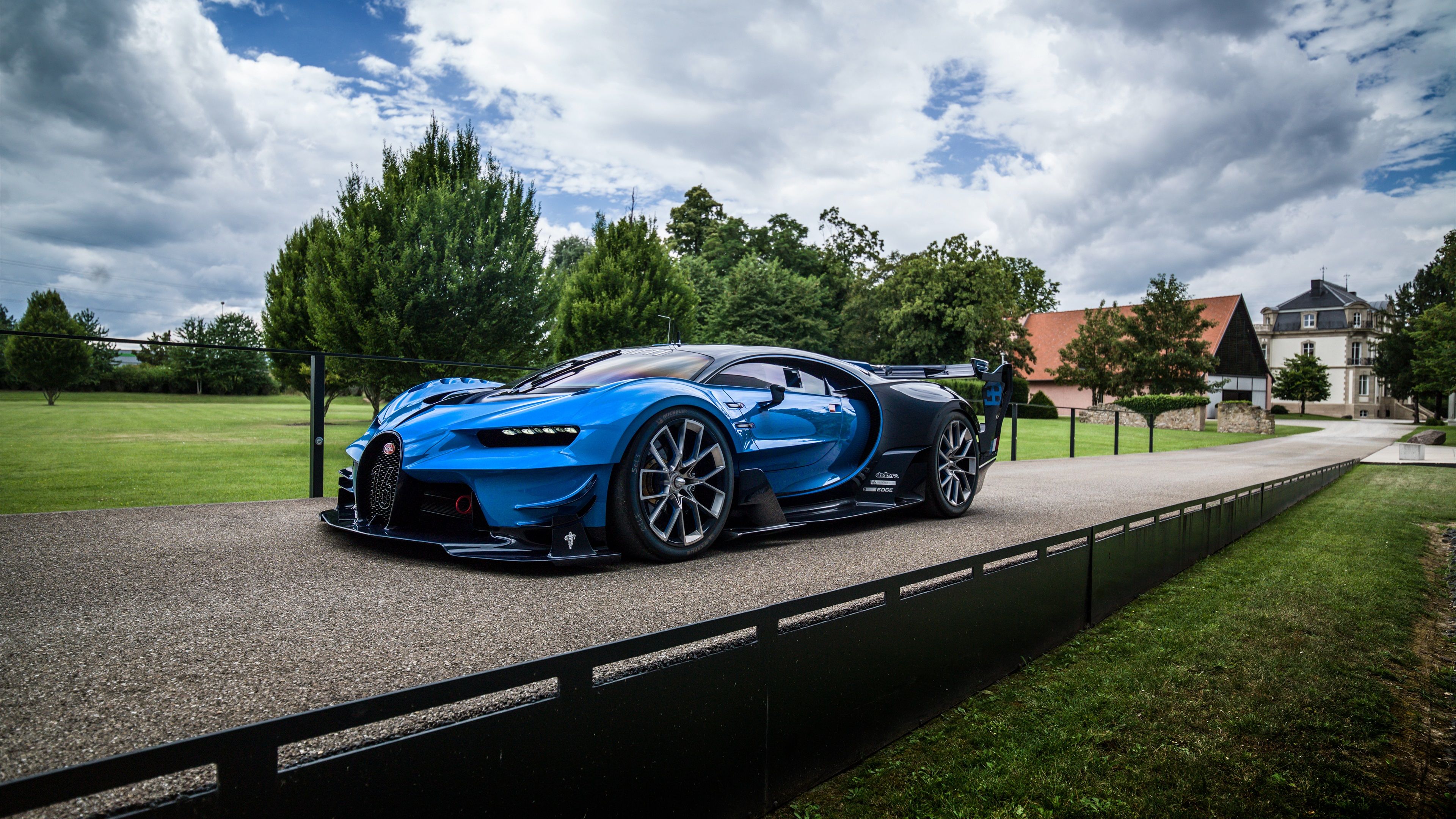 Wallpaper Bugatti Vision Gran Turismo blue hypercar, road, clouds