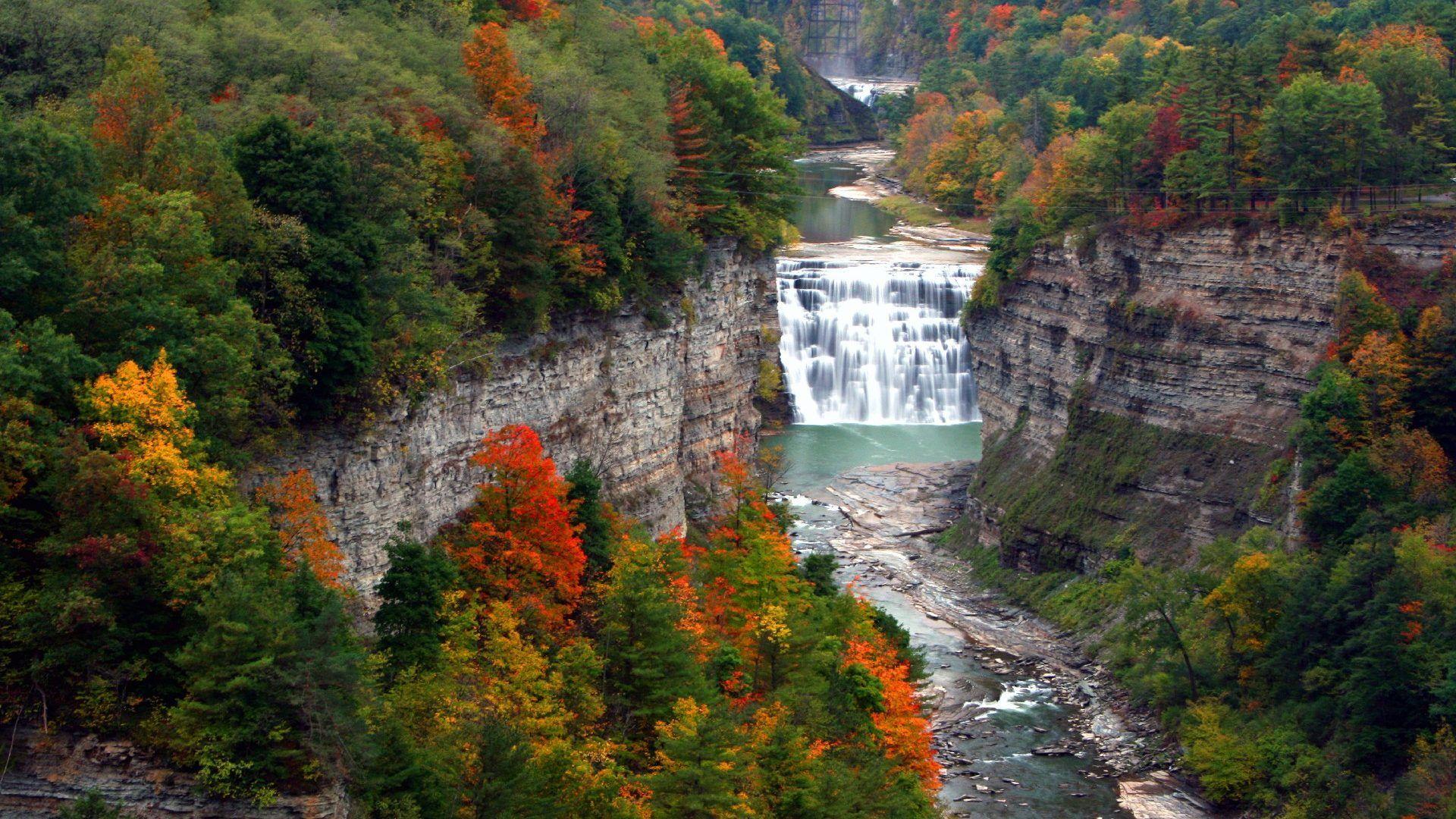 Waterfalls: Trees York State Mountain Rock Letchworth Waterfalls