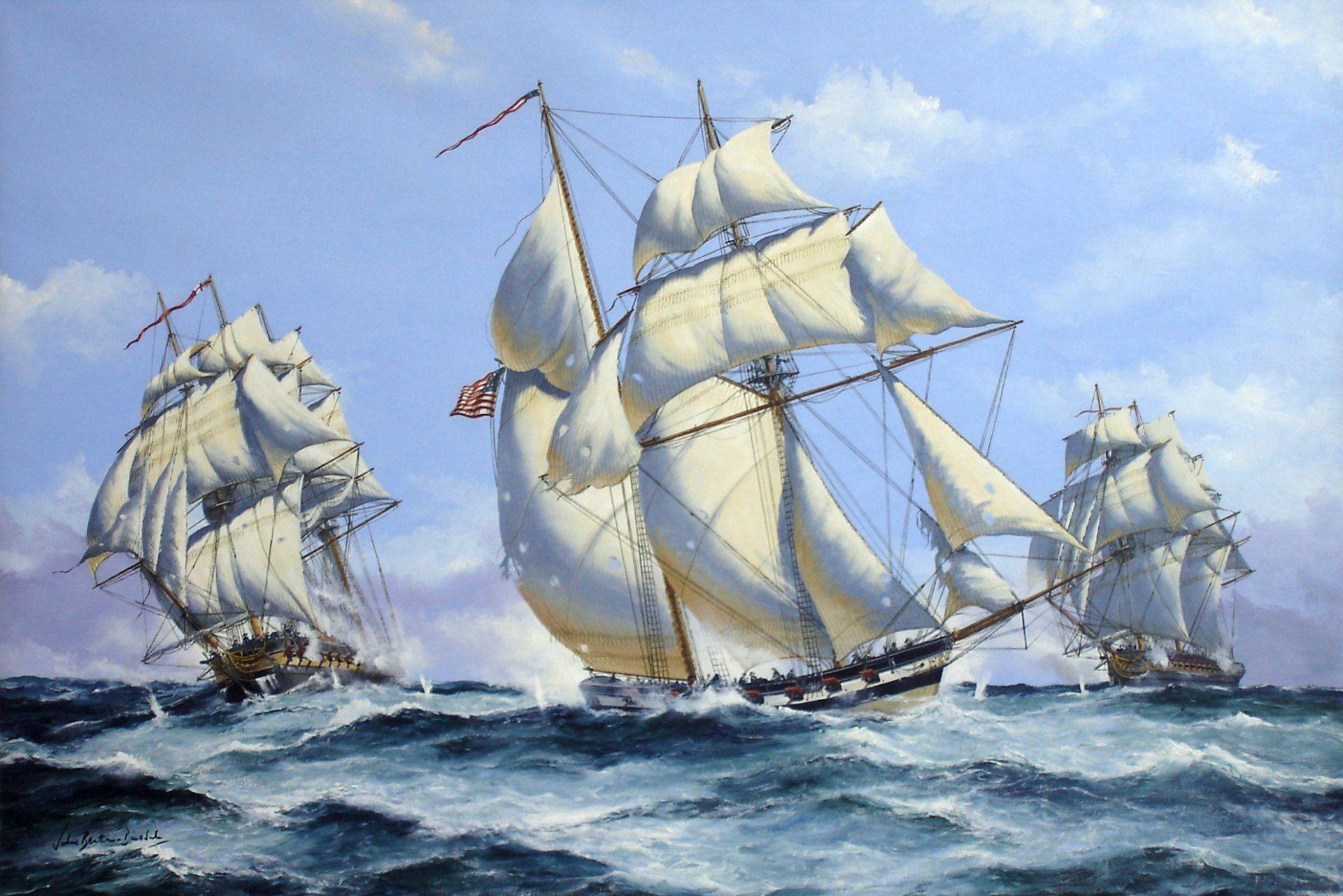 art navy painting maritime fight ship sailing waves shots guns art