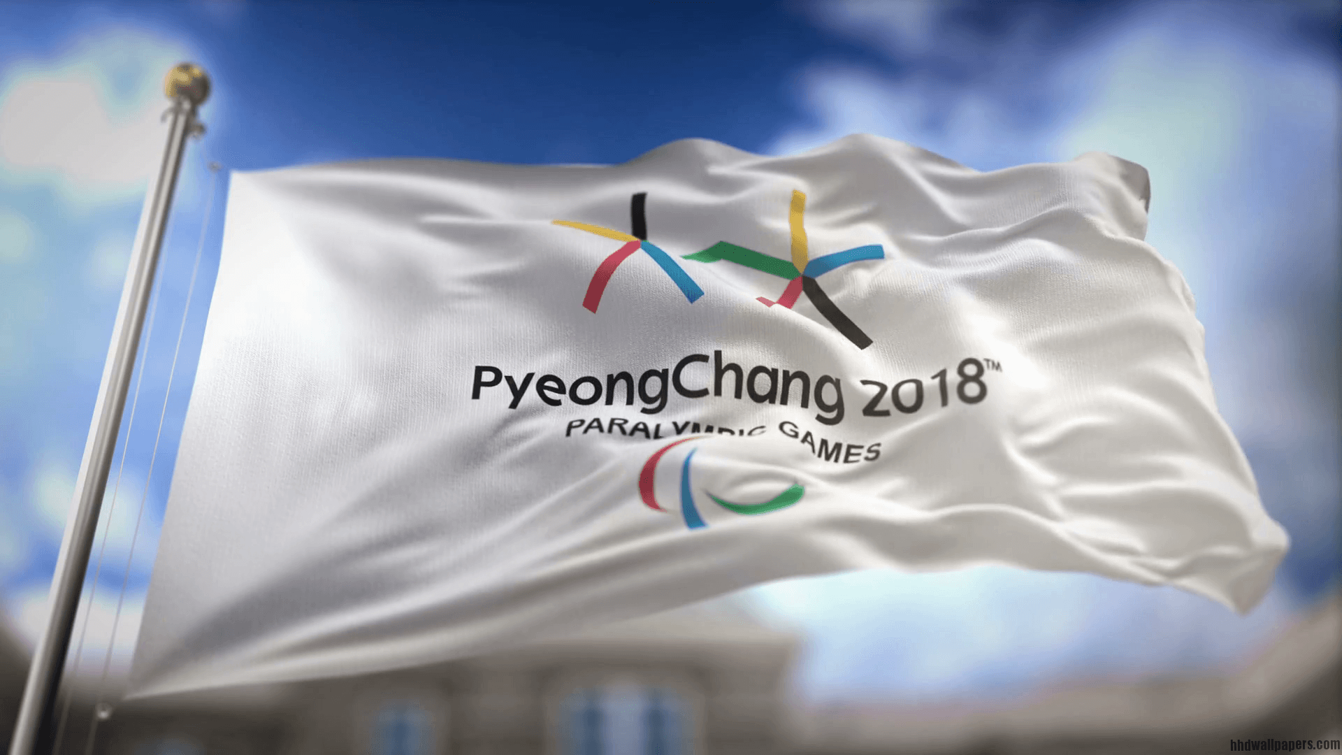 Winter Paralympics Flag Waving Slow Motion 3D Rendering Blue