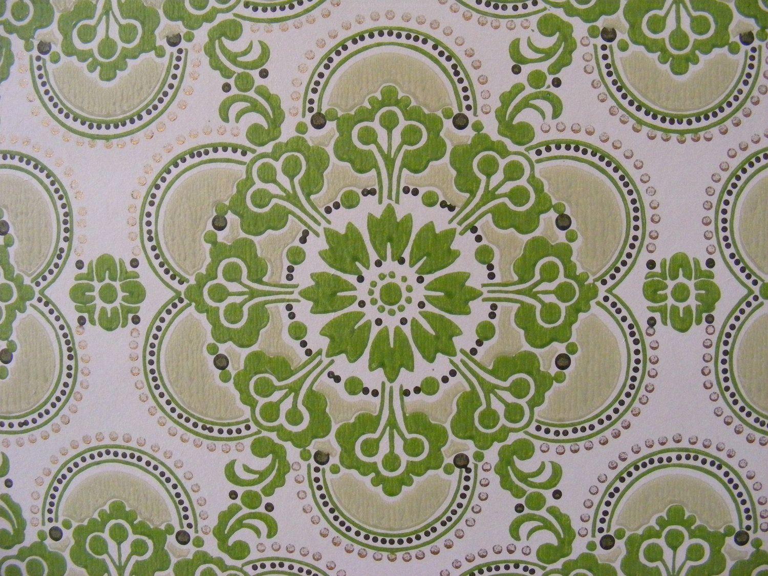 Green vintage wallpaper retro pattern groovy flower shapes mod pop
