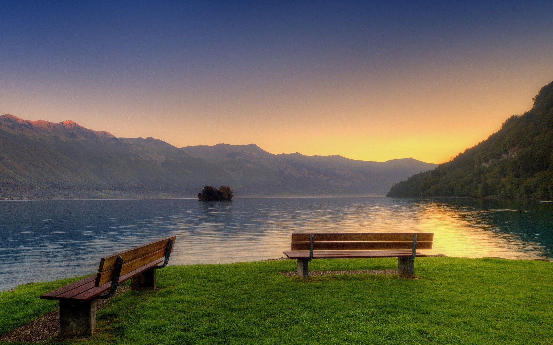 Lakes: Sunset Mountain Meditation Quiet Place Grass Lake Water