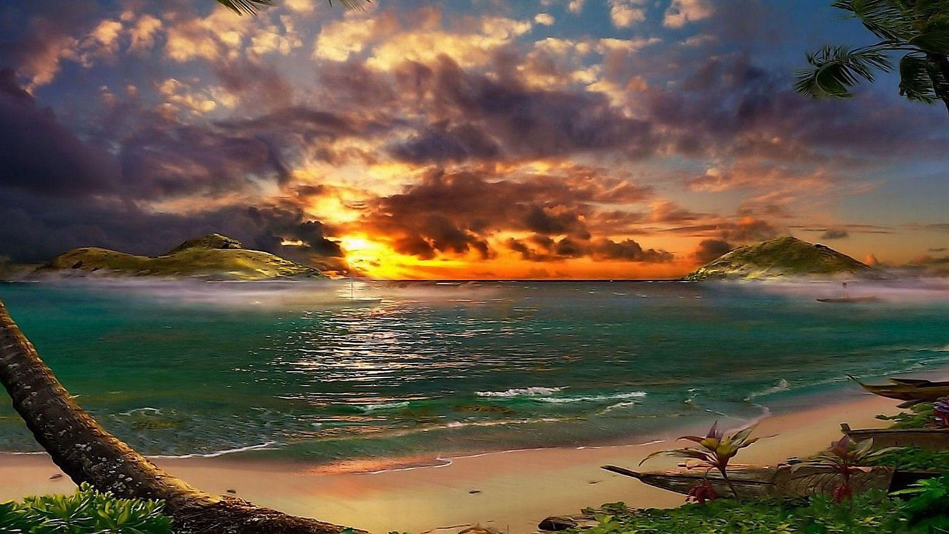 Tropical Island Sunset Wallpaper HD