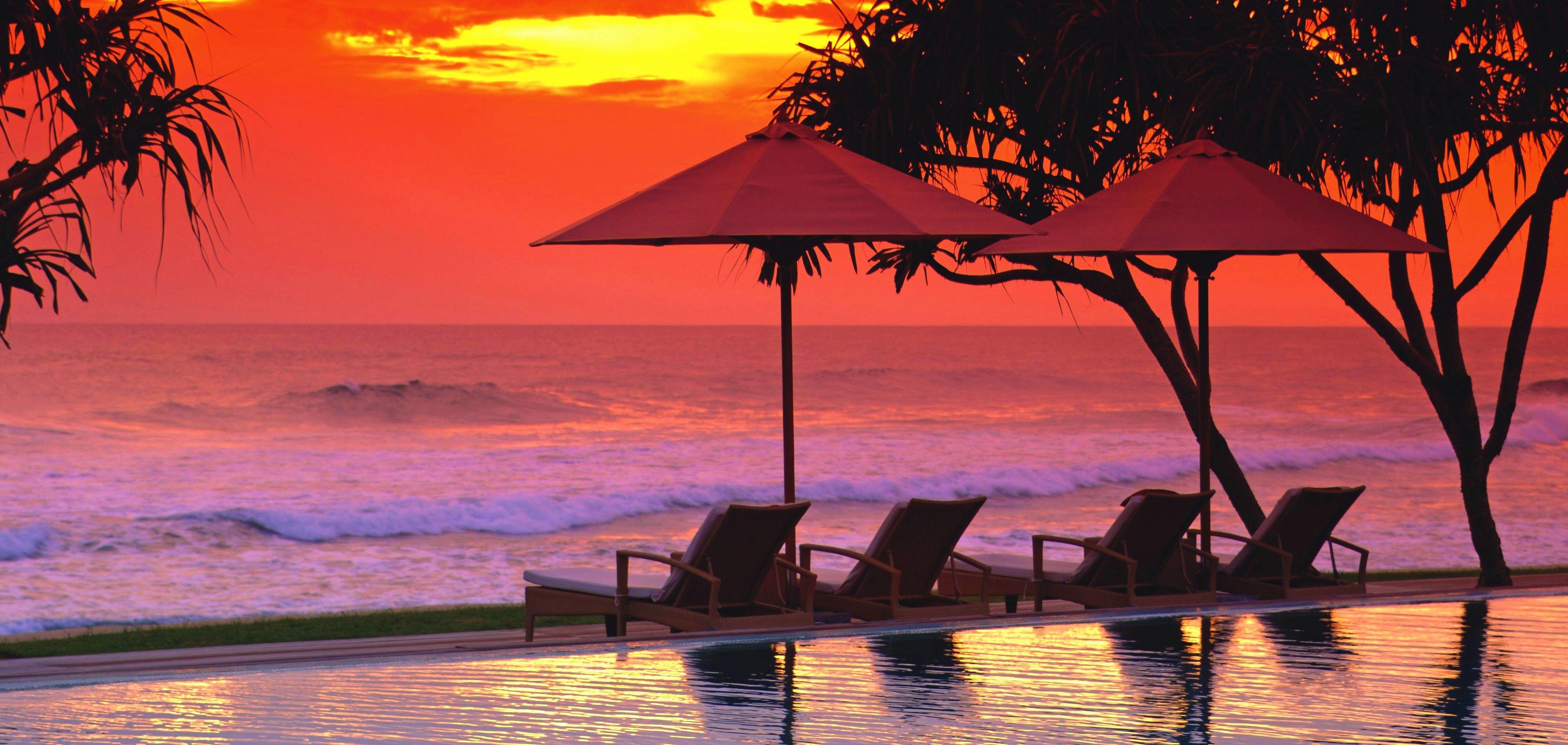 Sunsets: Tropical Sunset Sun Umbrellas Sky Chairs Beach Sea Tree