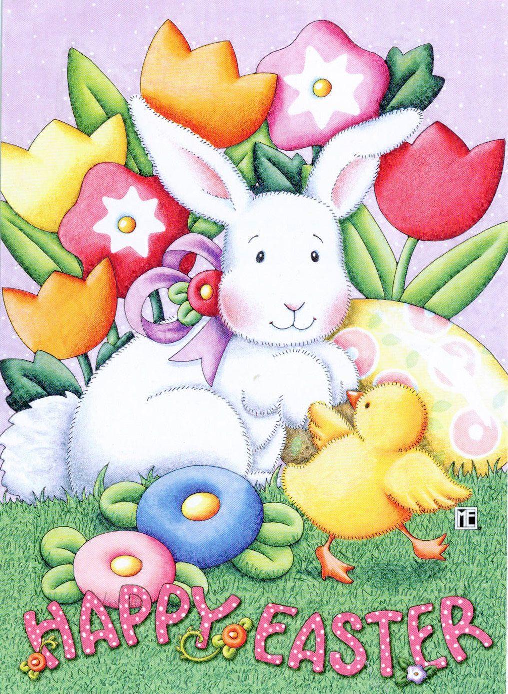 Mary Engelbreit HAPPY EASTER BUNNY CHICK TULIPS Card NEW. Mary