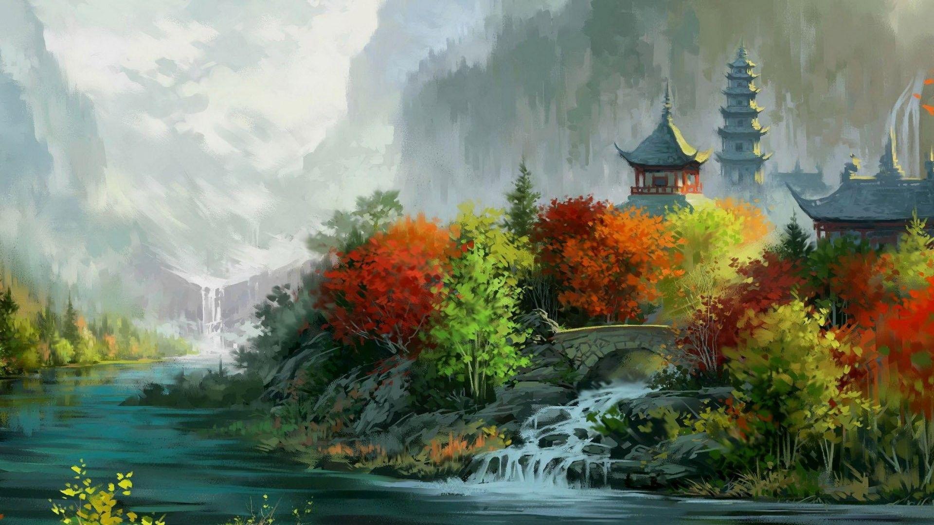 leaves, painting, digital art, asian architecture, house, tower