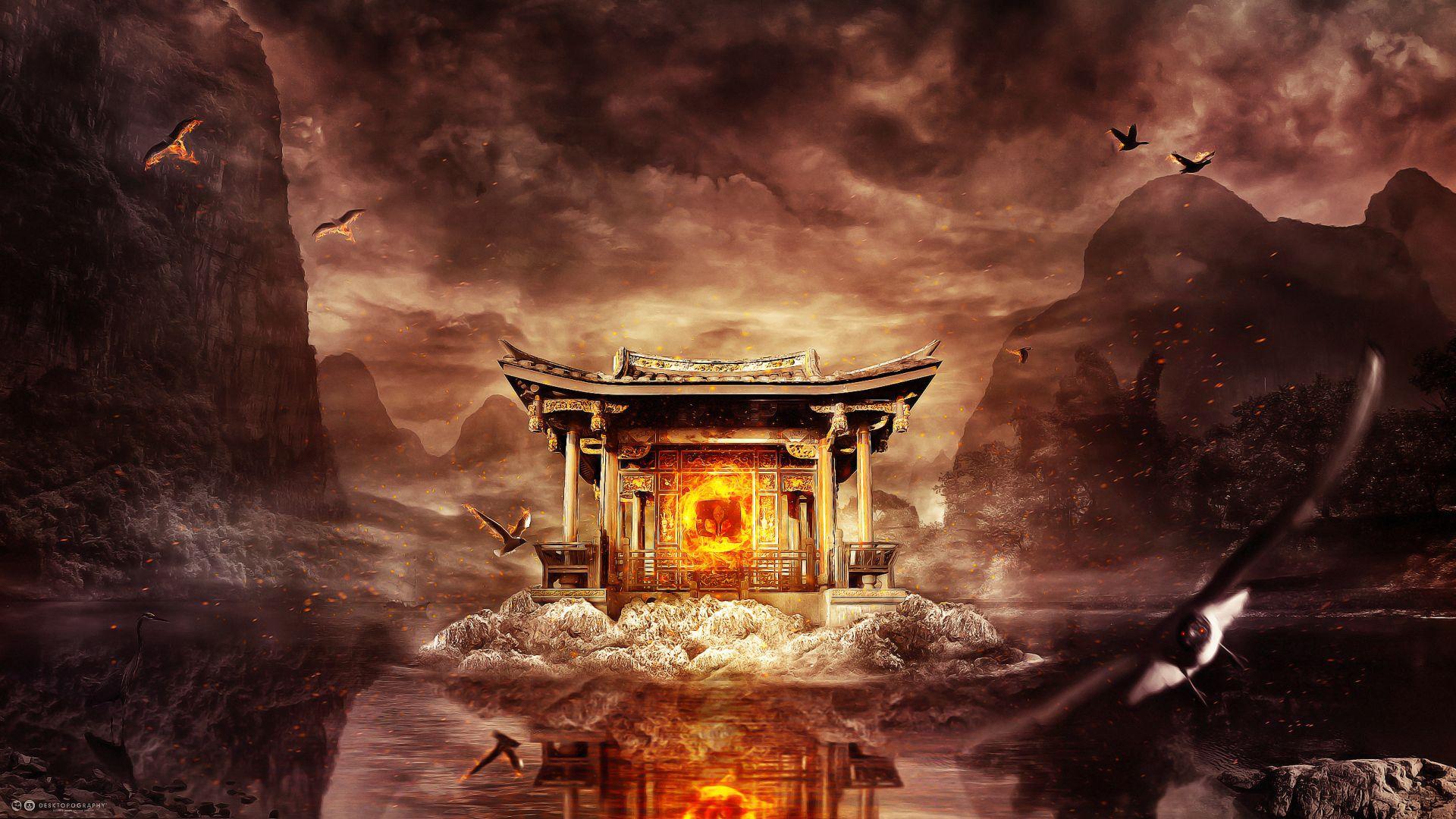 Fantasy Art Asian Temple Widescreen Wallpaper. Wide Wallpaper.NET