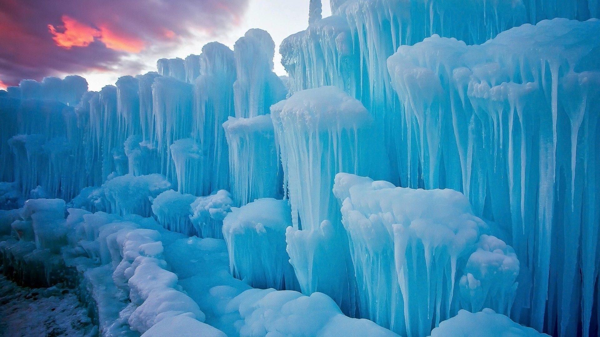 nature landscape winter snow ice iceberg icicle blue clouds sunset