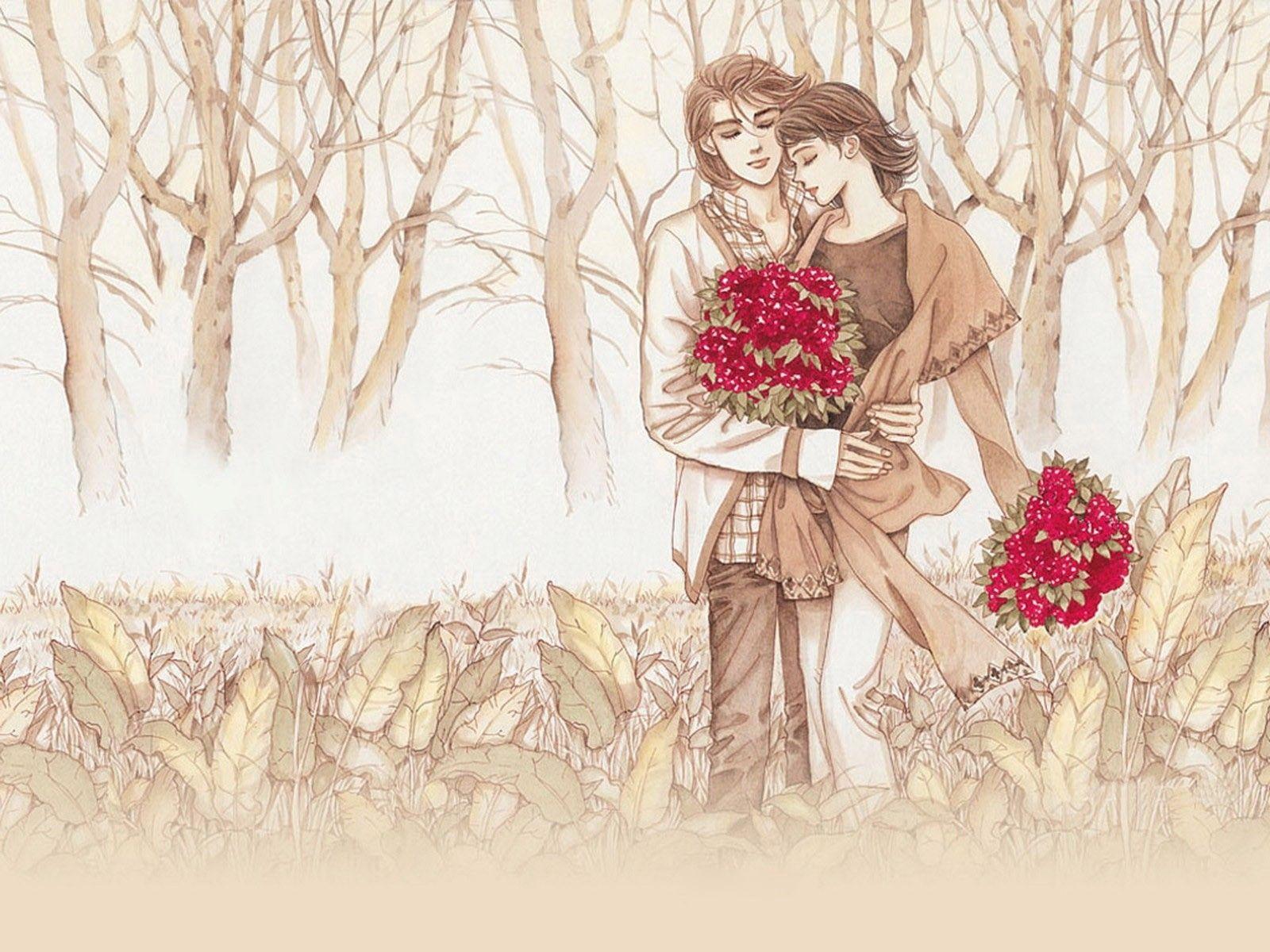 Romantic Couple Drawing With Red Flower Wallpaper