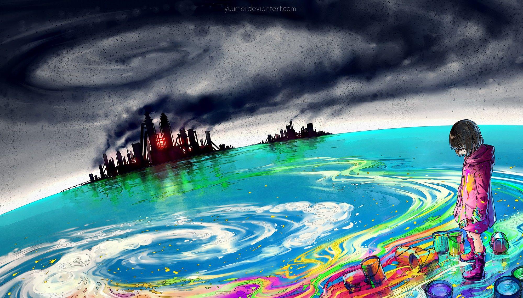 yuumei colorful digital art environment pollution wallpaper