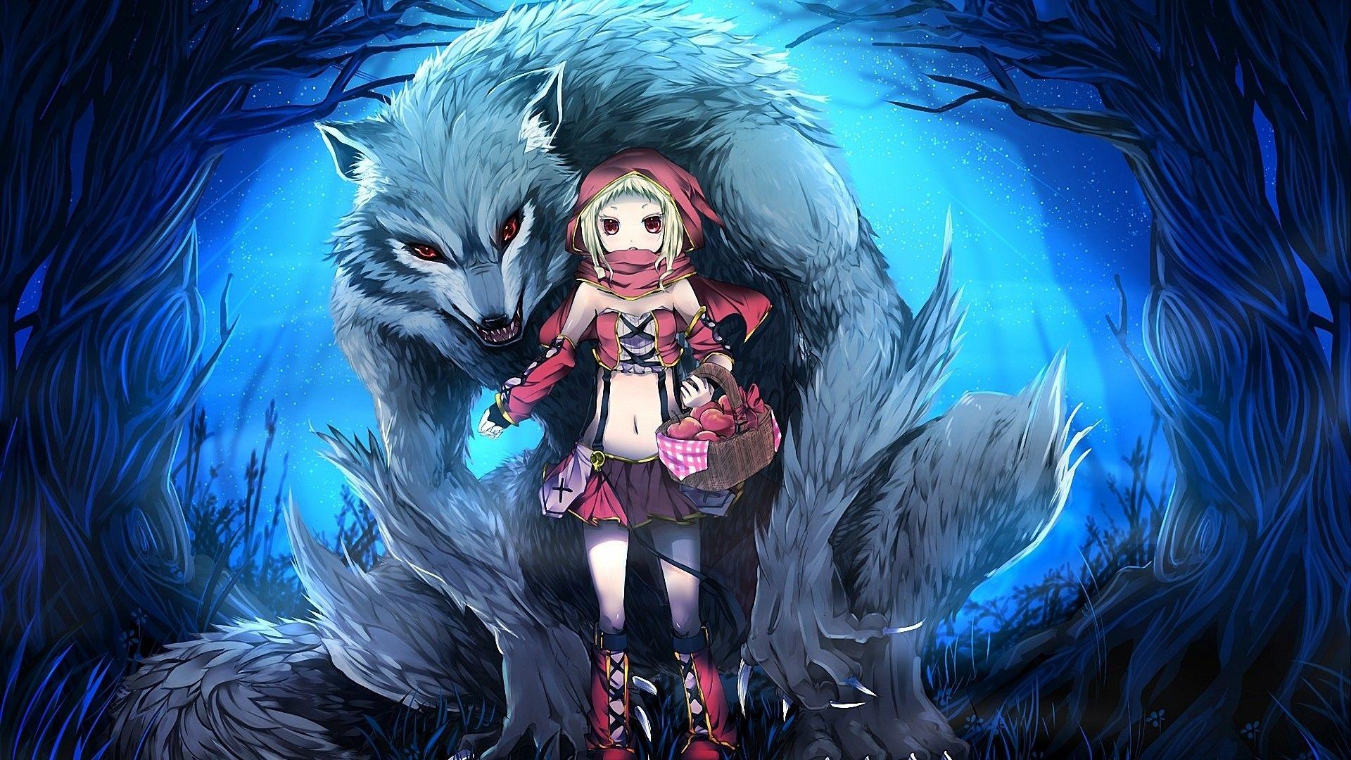 wolf, red eyes, werewolf, anime, anime girls, red riding hood