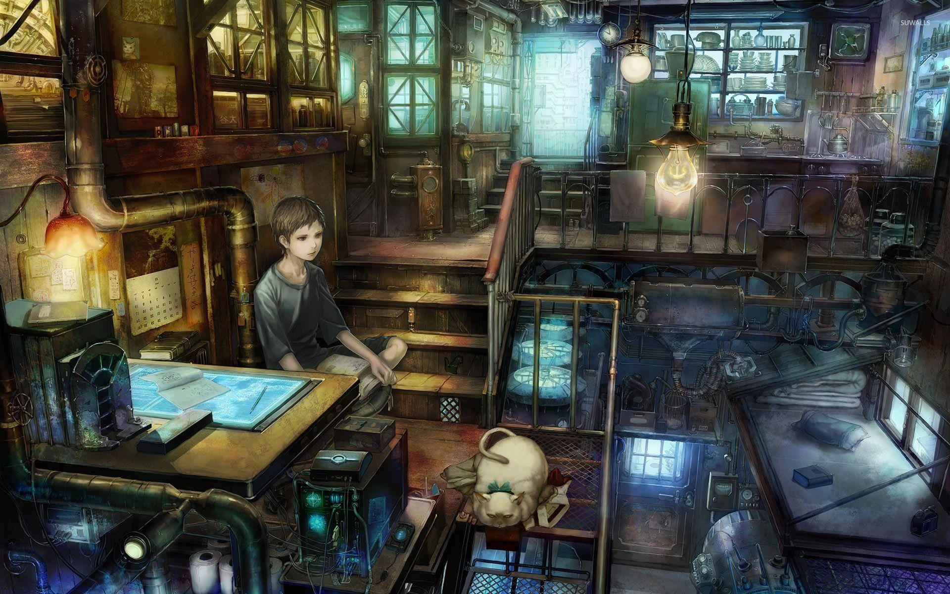 Boy and his cat in a steampunk apartment wallpaper
