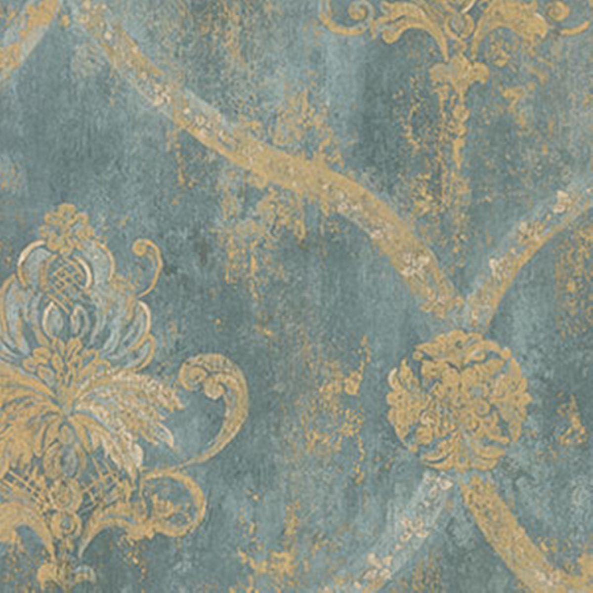 Wallpaper French Faux Aqua Blue Large Damask with Gold