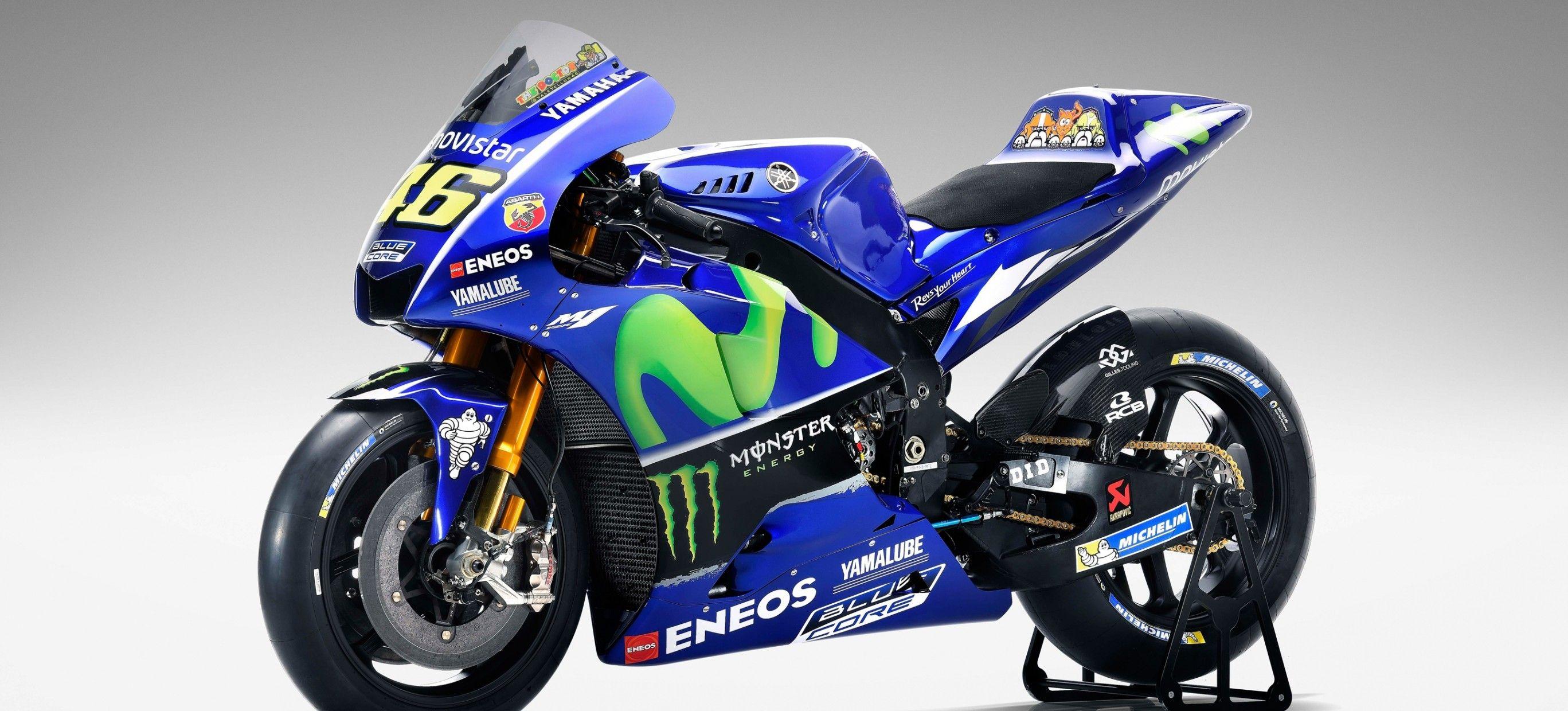 Download 2735x1240 Yamaha Yzr M Blue, Motogp, Motorcycle, Side