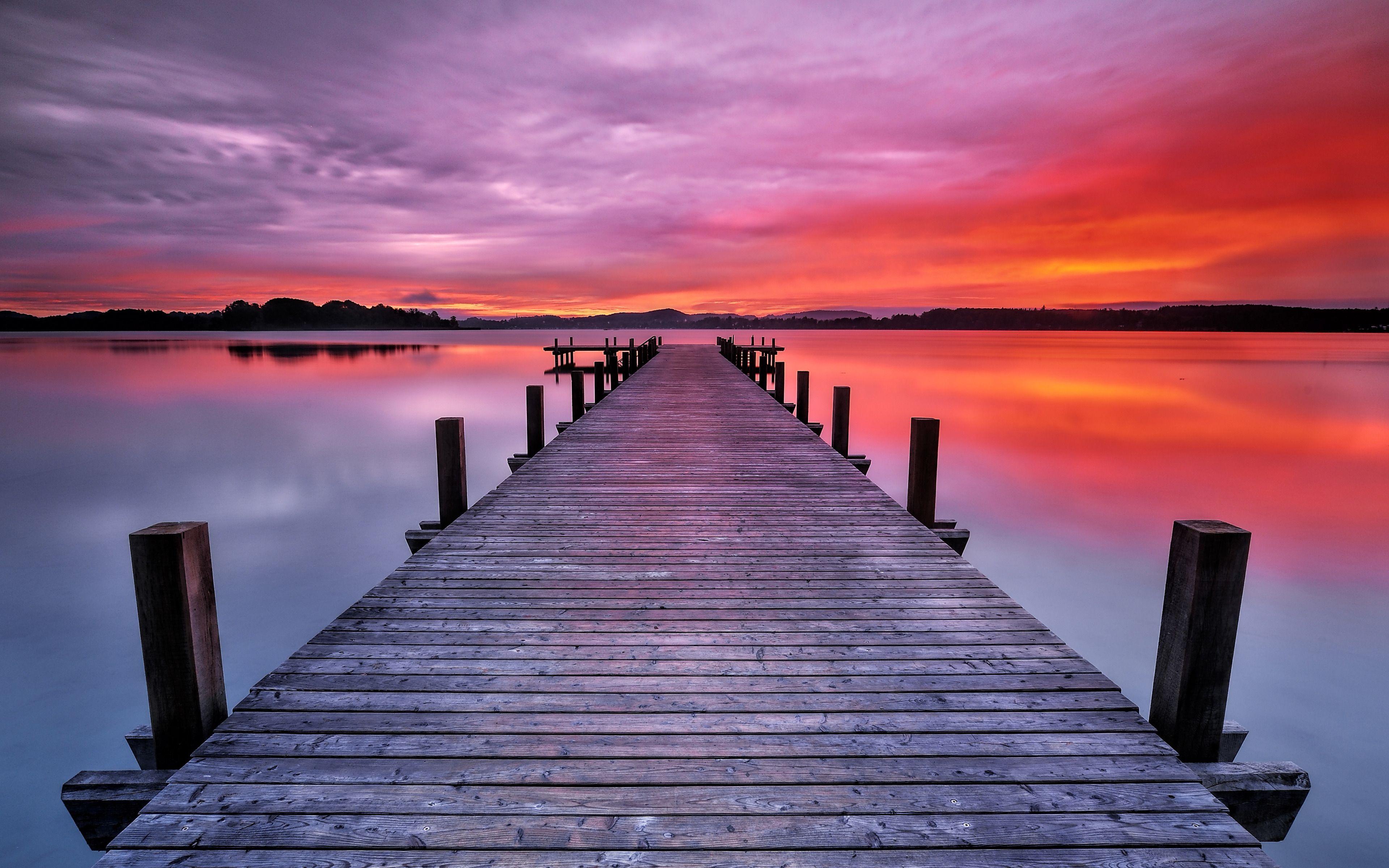 Long Boardwalk, Colors of Sunrise, Still Lake widescreen wallpaper