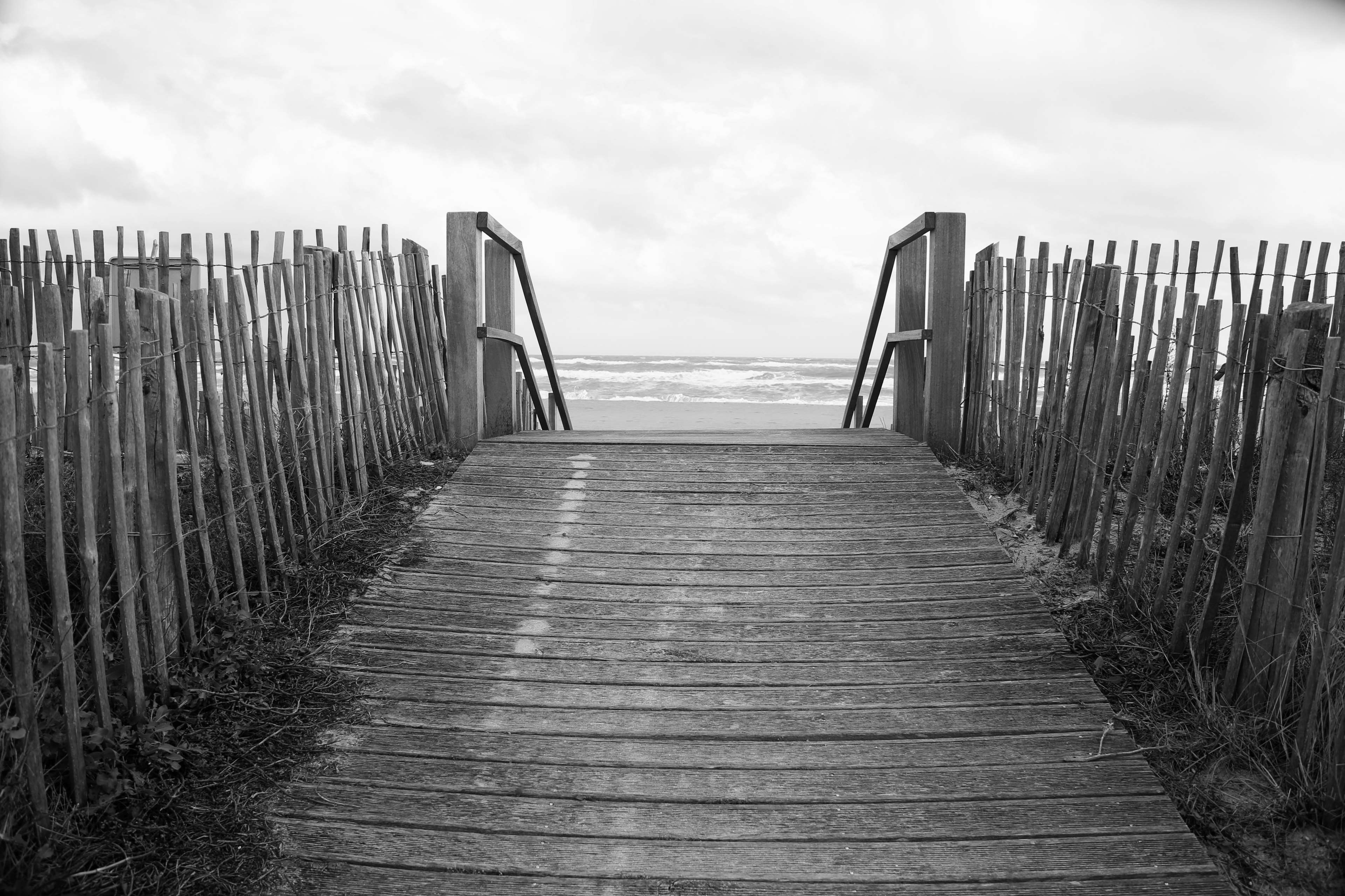 beach, black and white, boardwalk, bridge, dawn, dock, dusk, fence