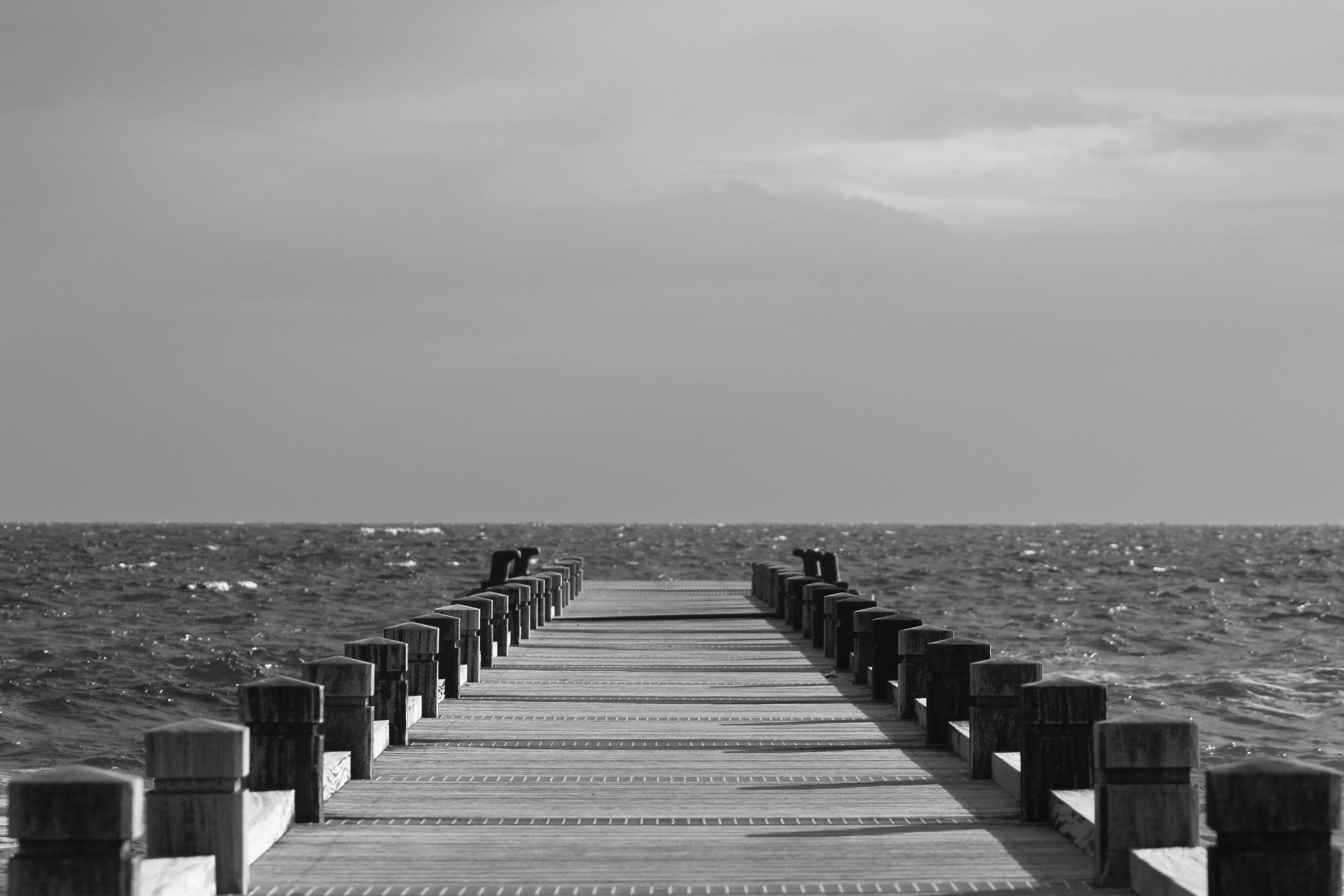 beach, black and white, boardwalk, clouds, cloudy sky, dock, grey