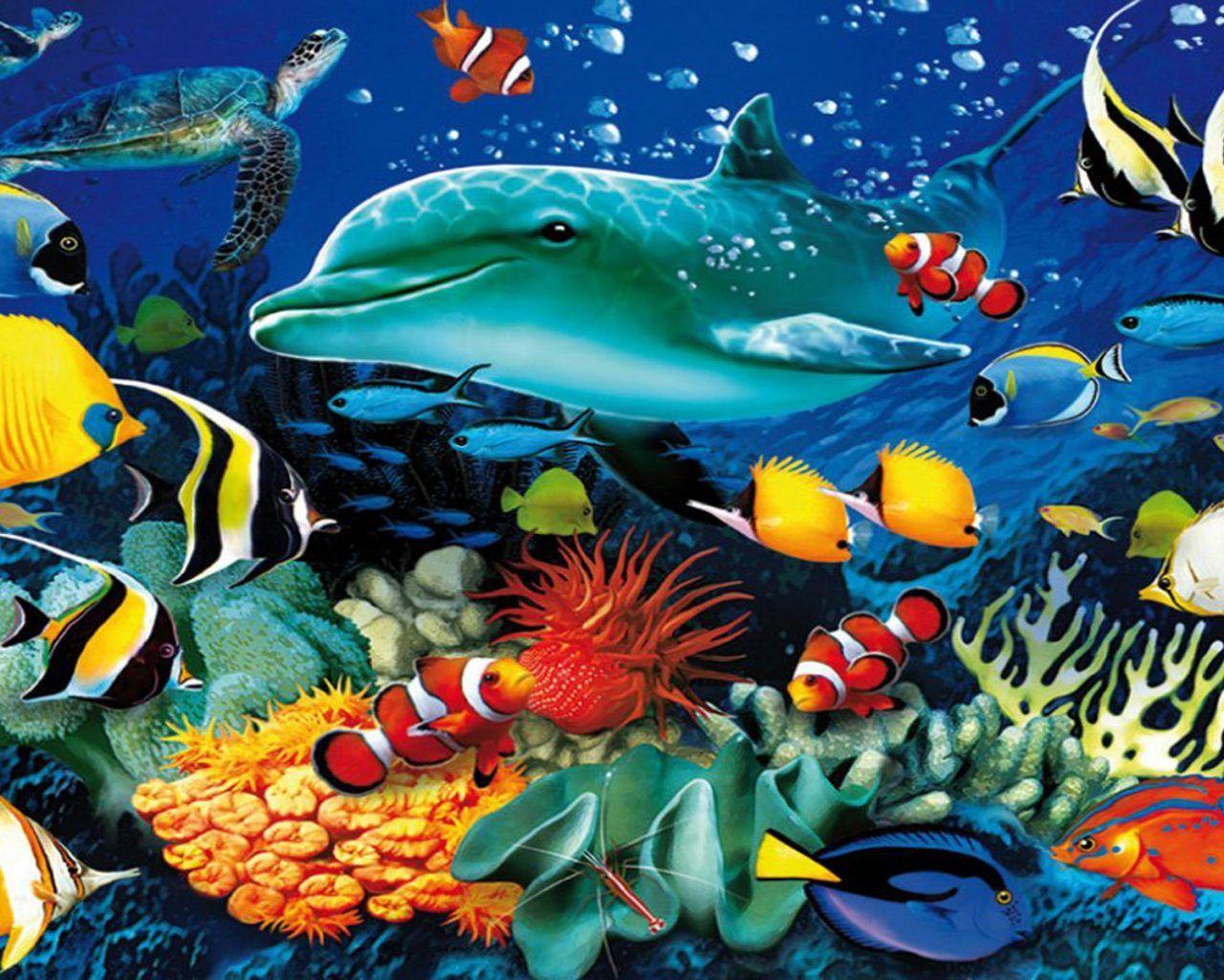Ocean Underwater World Marine Life Dolphin Sea Turtle Colorful