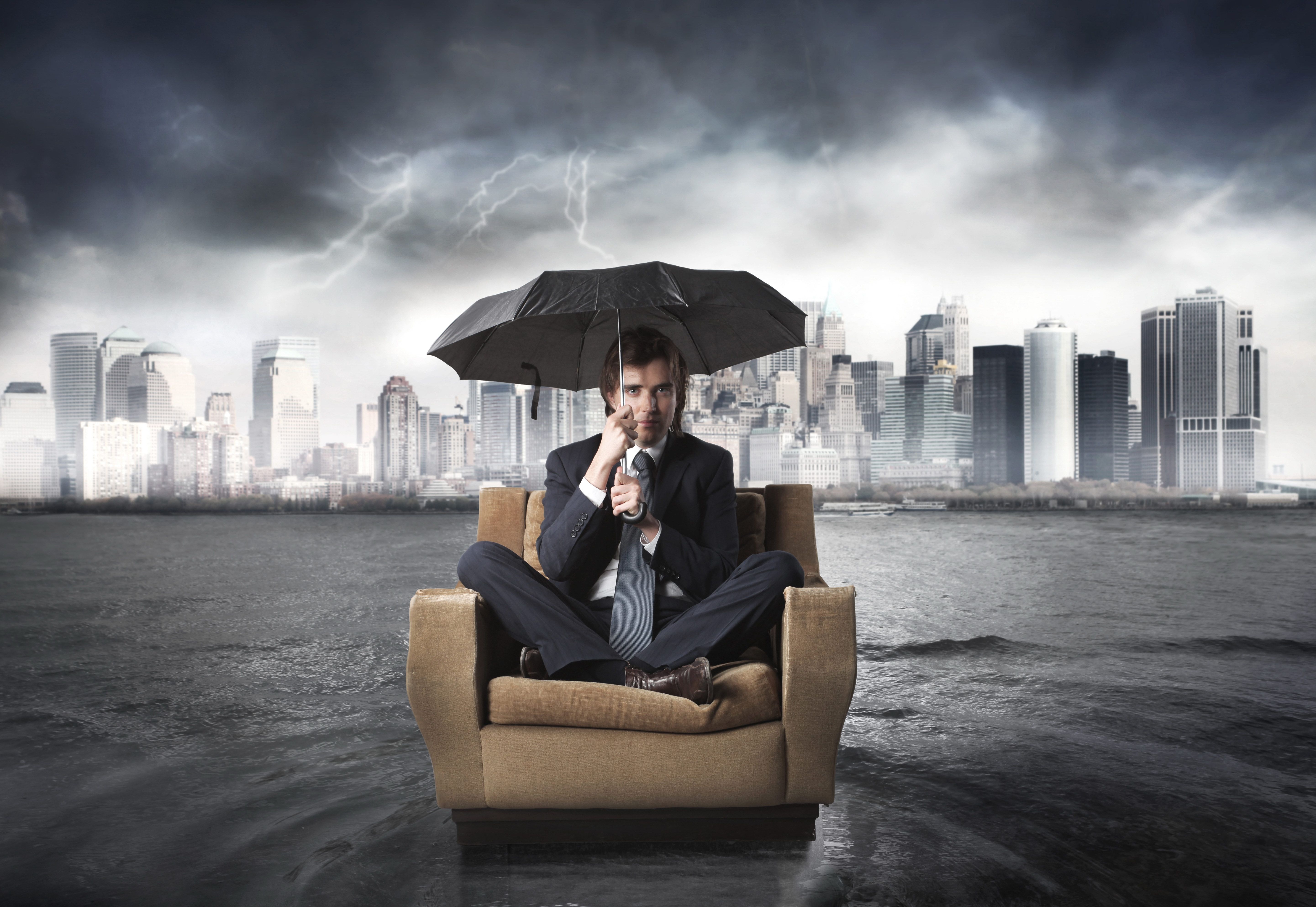 Wallpaper Businessman, Chair, Flood, Umbrella, River, Storm, City
