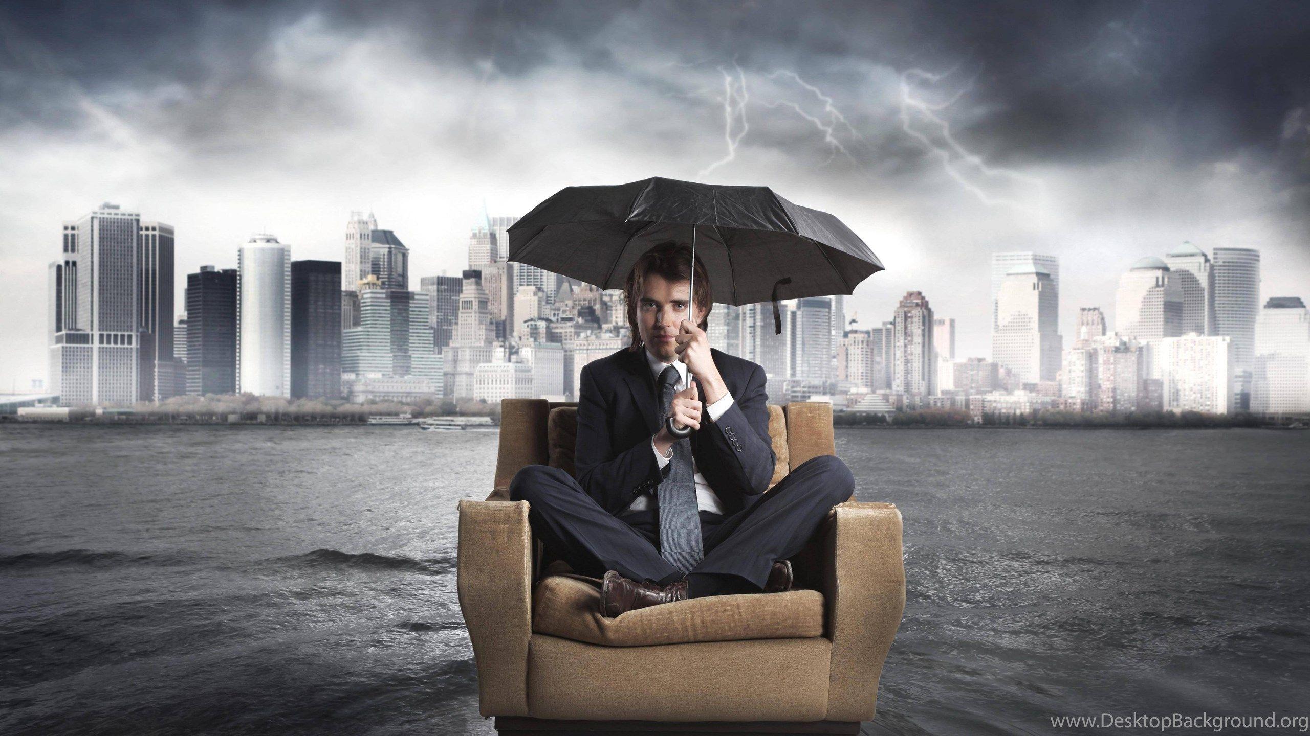 Businessman Chair Flood Umbrella River Storm HD Wallpaper Desktop