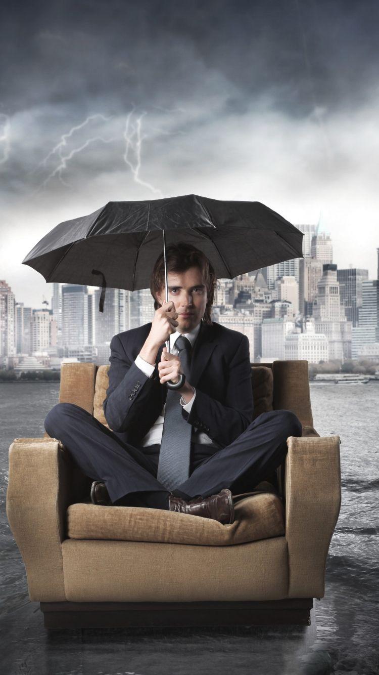 Download Wallpaper 750x1334 Businessman, Chair, Flood, Umbrella