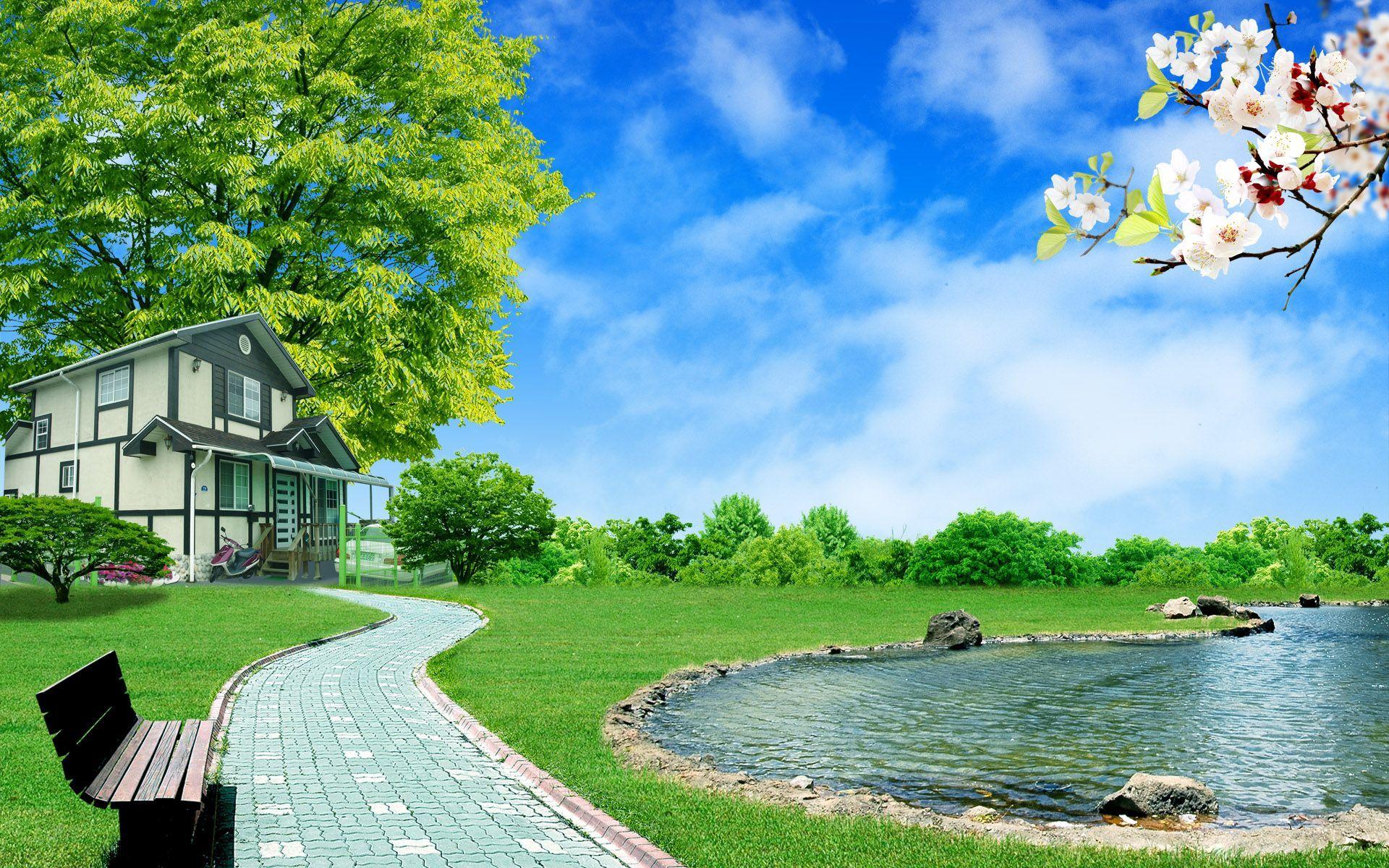 A wonderful house near lake and a nice environment. #Guest4Home. Nature desktop, Nature desktop wallpaper, 3D nature wallpaper
