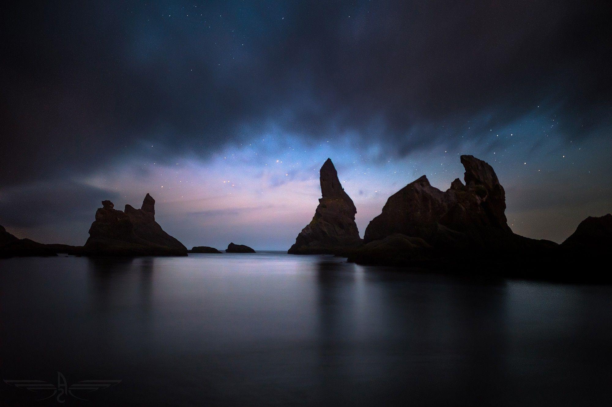 night nature clouds sky stars water rock night photography sea